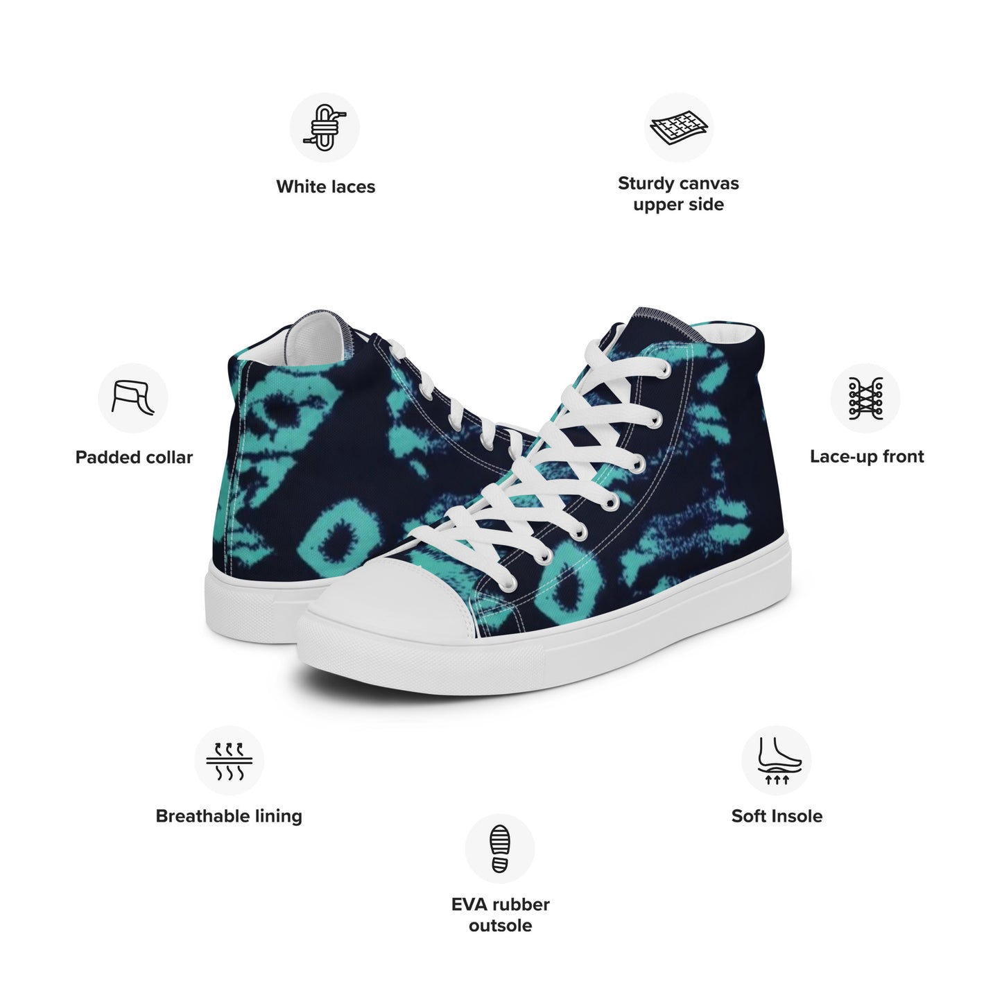 Turquoise Adire Ankara Men’s high top canvas shoes