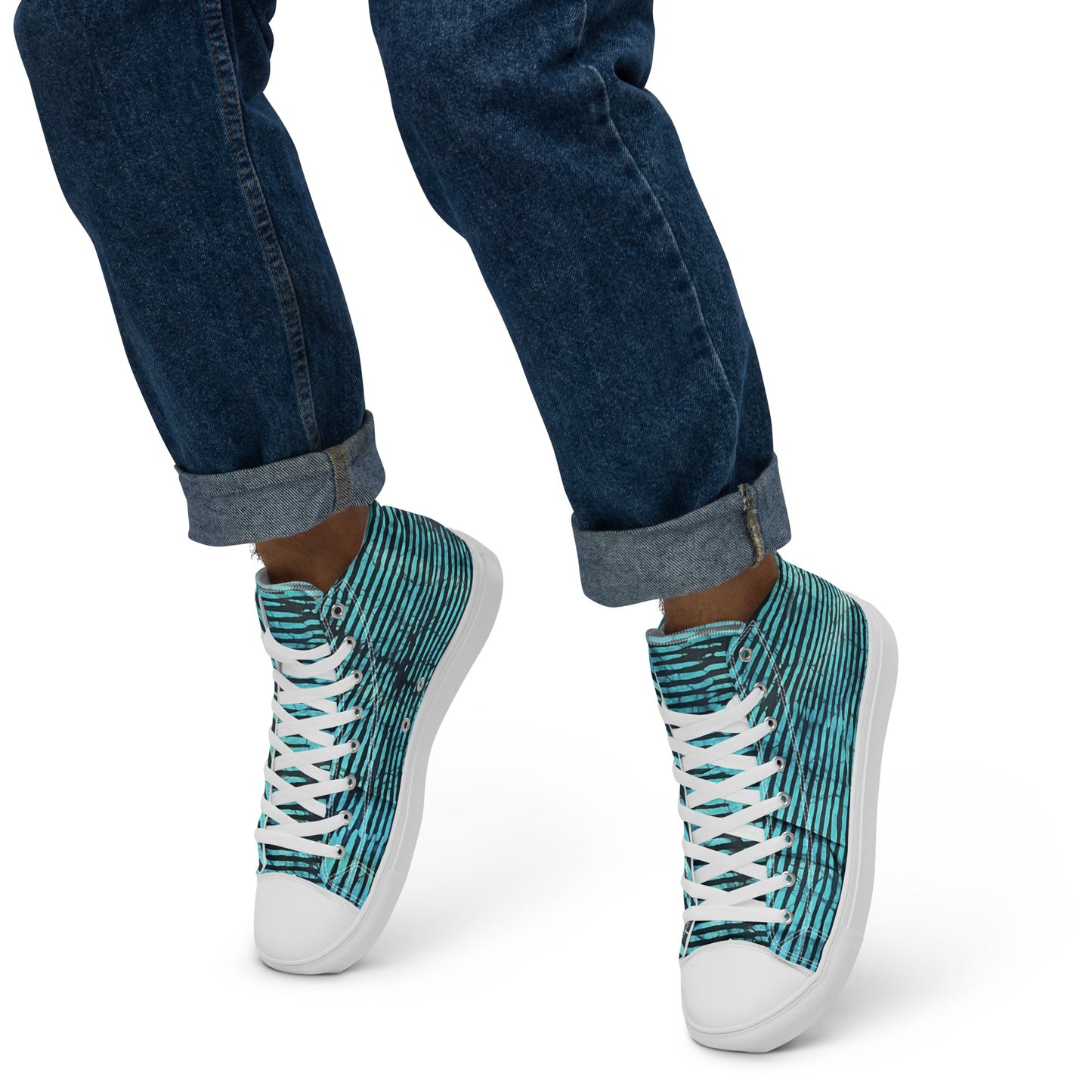 Aqua Black Stripes Adire Men’s high top canvas shoes