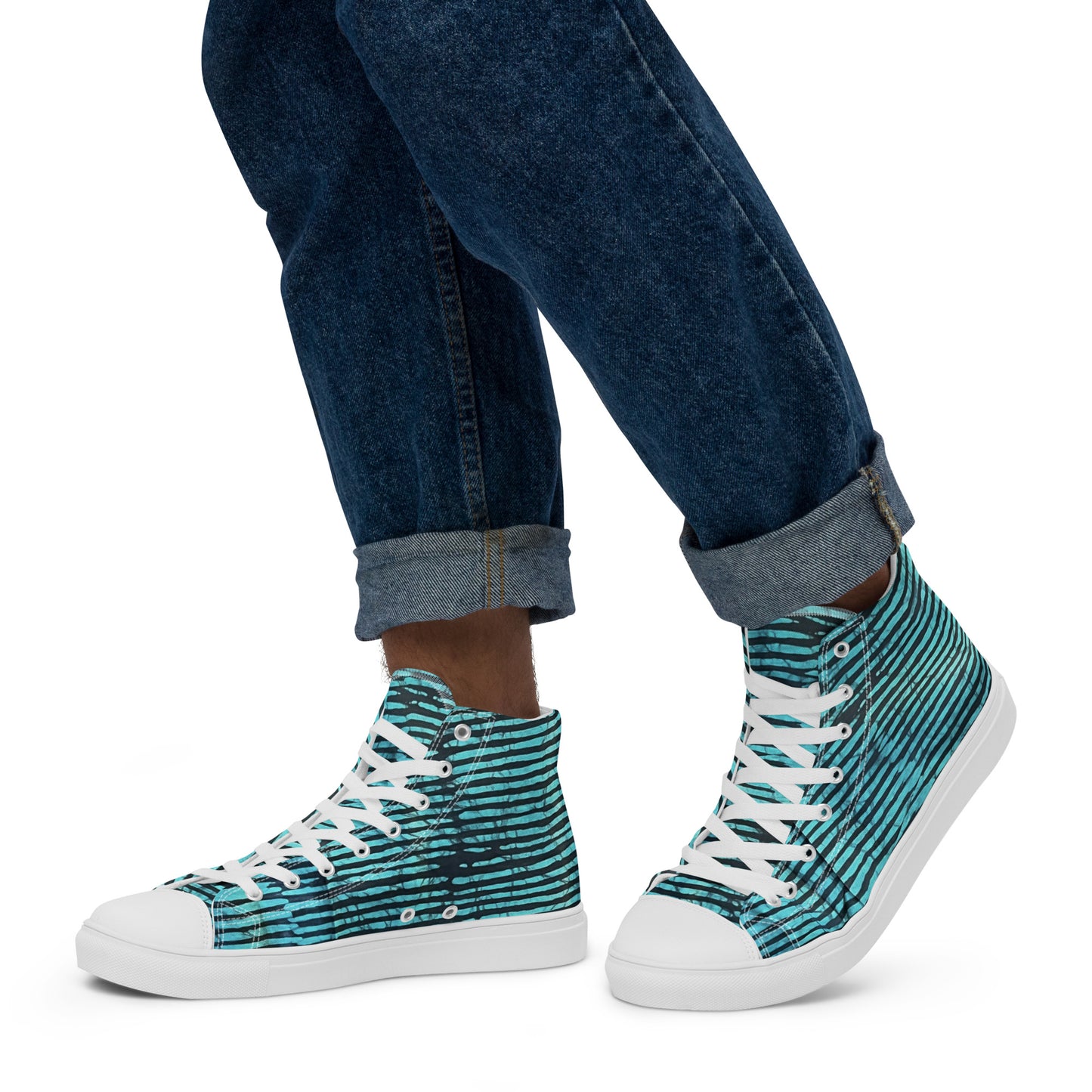 Aqua Black Stripes Adire Men’s high top canvas shoes