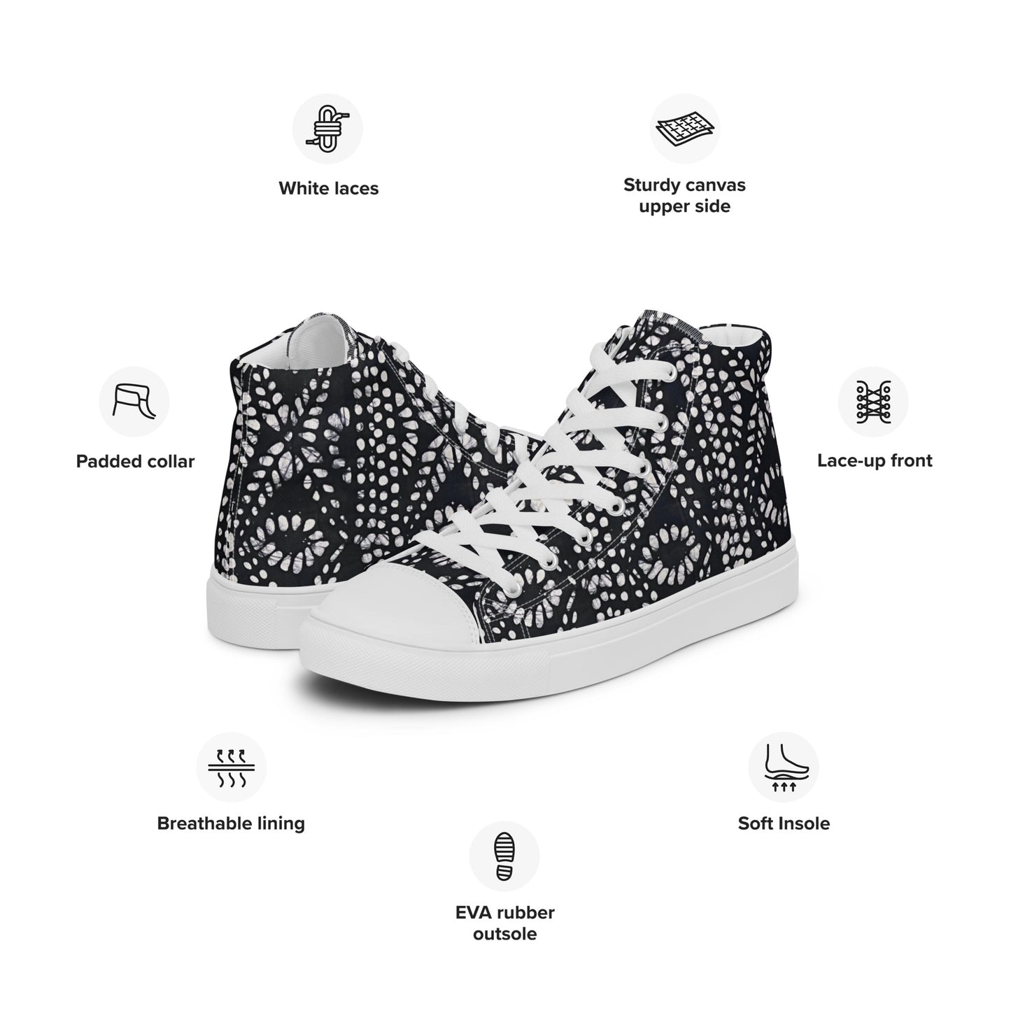 Black & White Abstract Aztec Adire Men’s high top canvas shoes