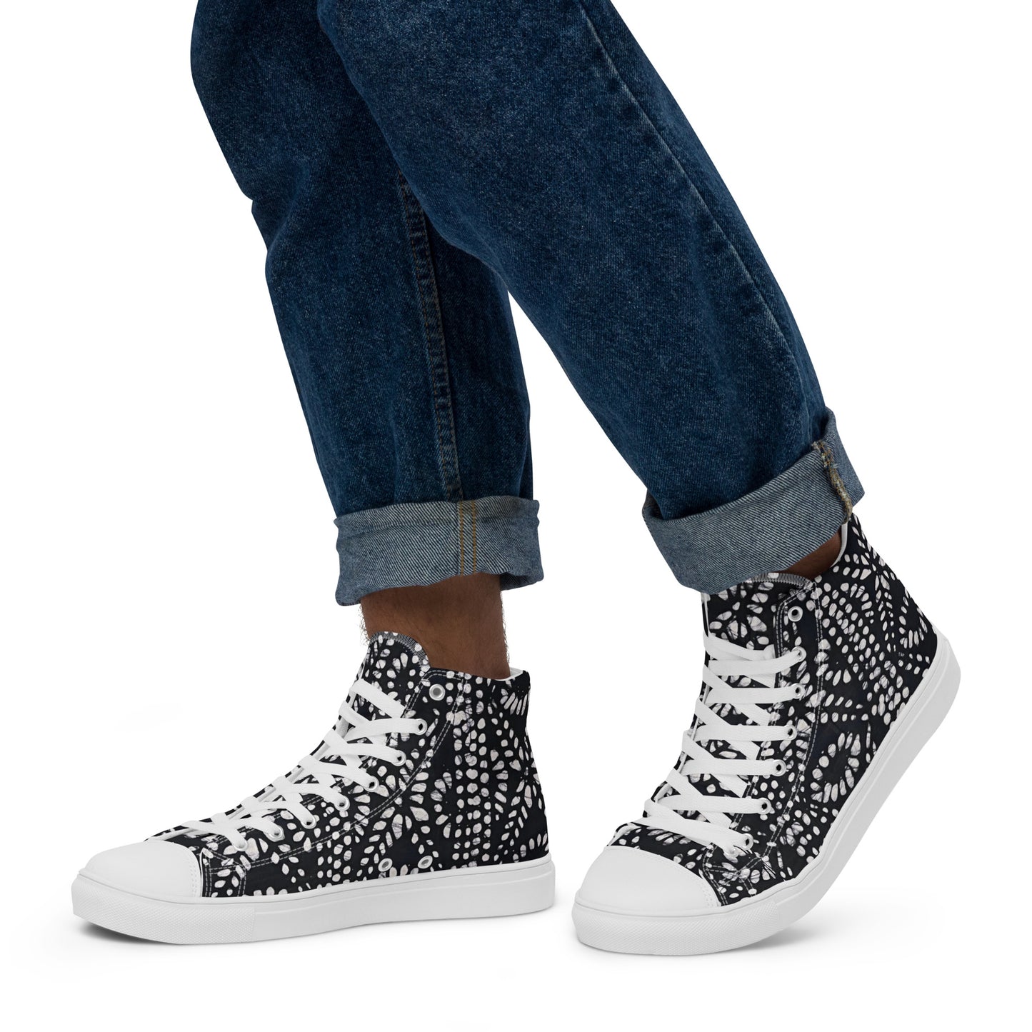 Black & White Abstract Aztec Adire Men’s high top canvas shoes