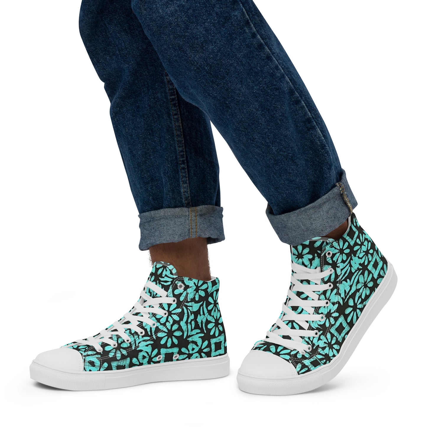 Aqua Abstract Shapes Adire Men’s high top canvas shoes