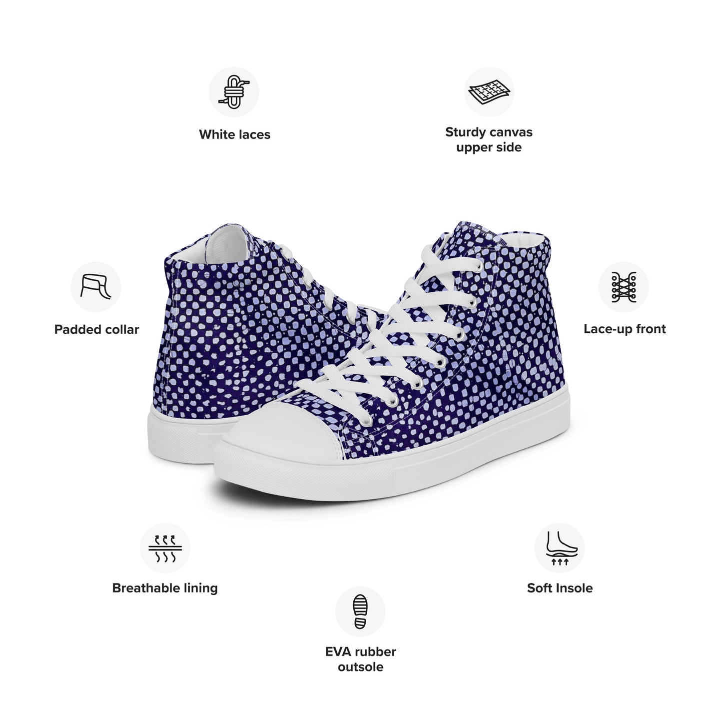 Purple & White Polka Dots Adire Men’s high top canvas shoes