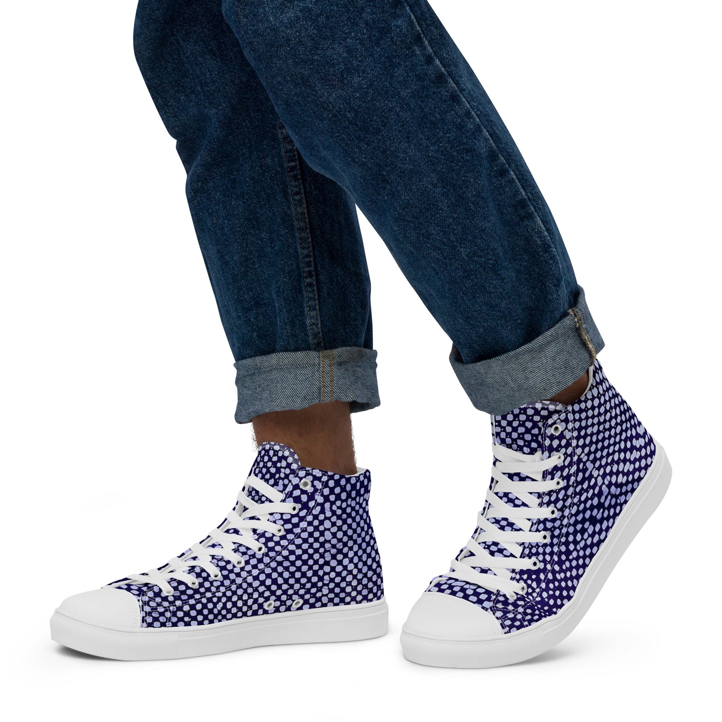 Purple & White Polka Dots Adire Men’s high top canvas shoes