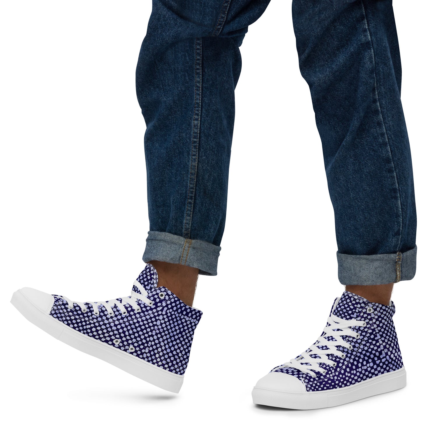 Purple & White Polka Dots Adire Men’s high top canvas shoes