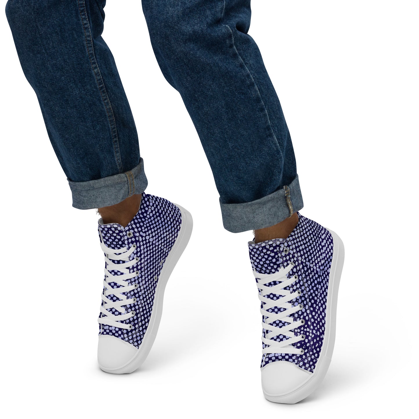 Purple & White Polka Dots Adire Men’s high top canvas shoes