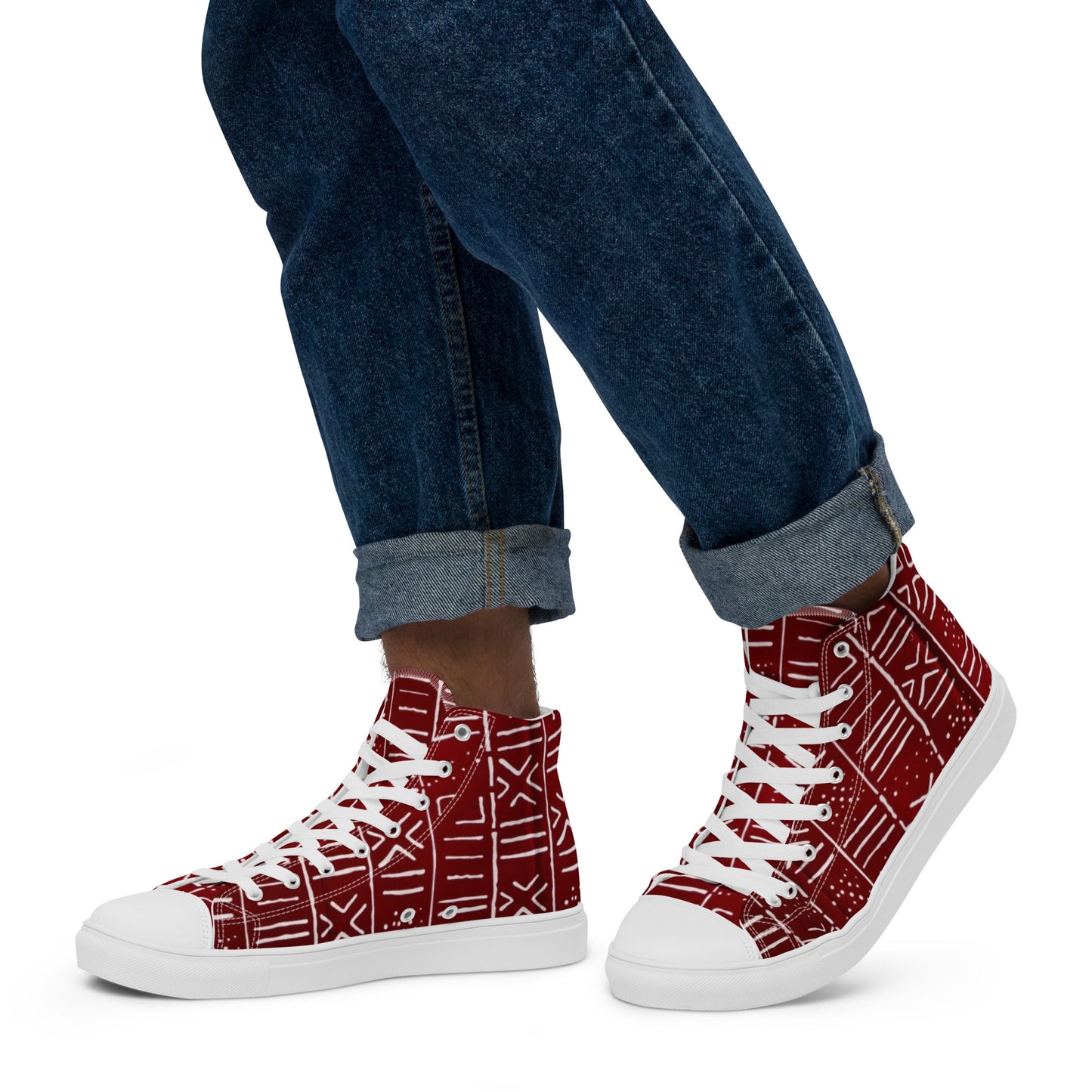 Red White African Print Men’s high top canvas shoes