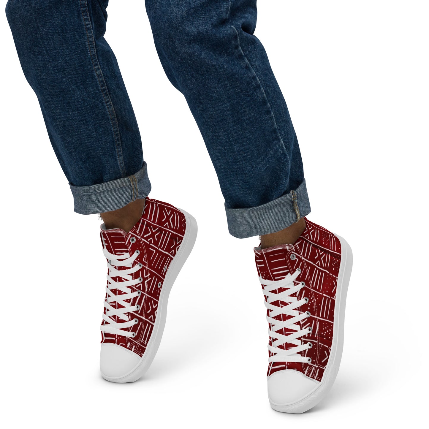 Red White African Print Men’s high top canvas shoes