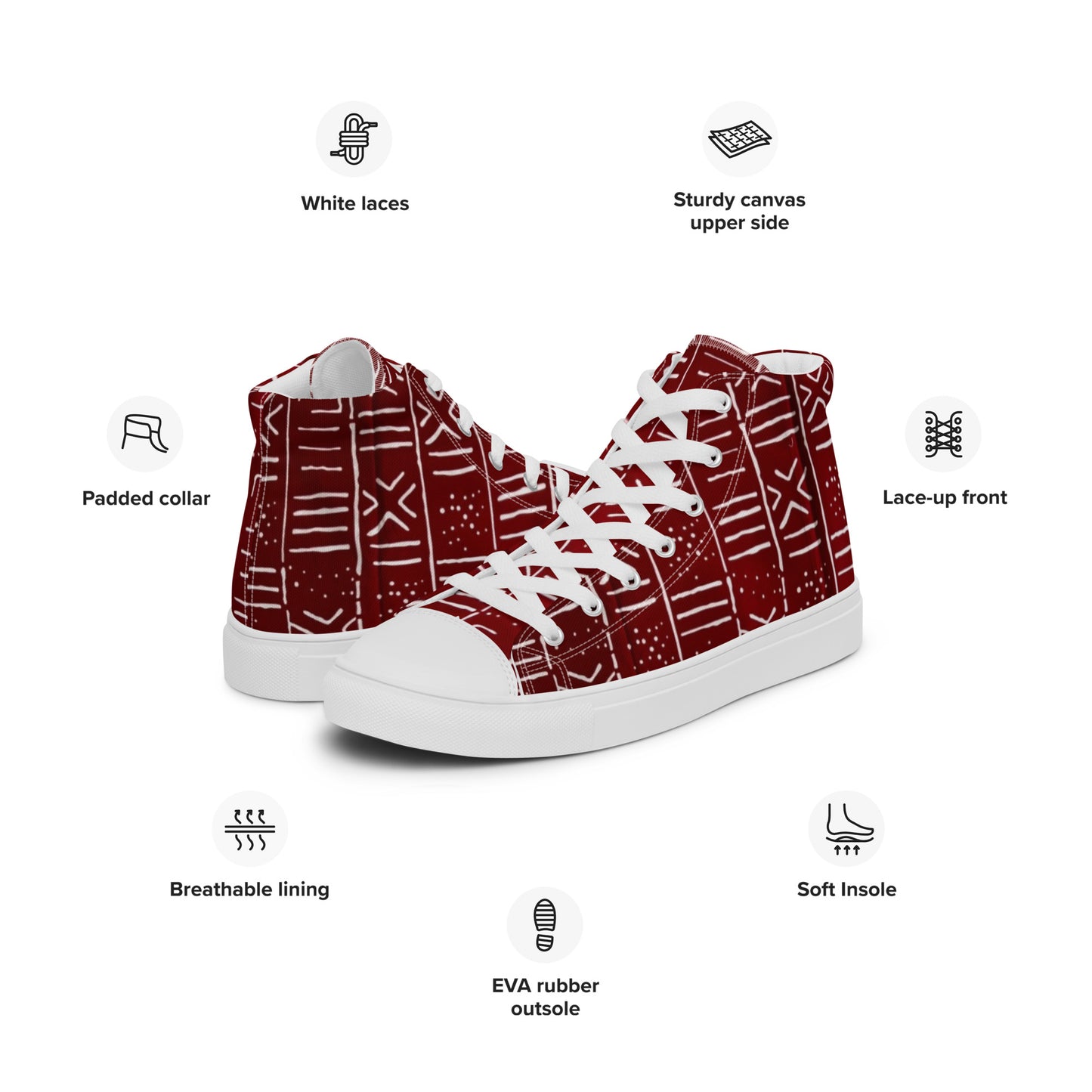 Red White African Print Men’s high top canvas shoes