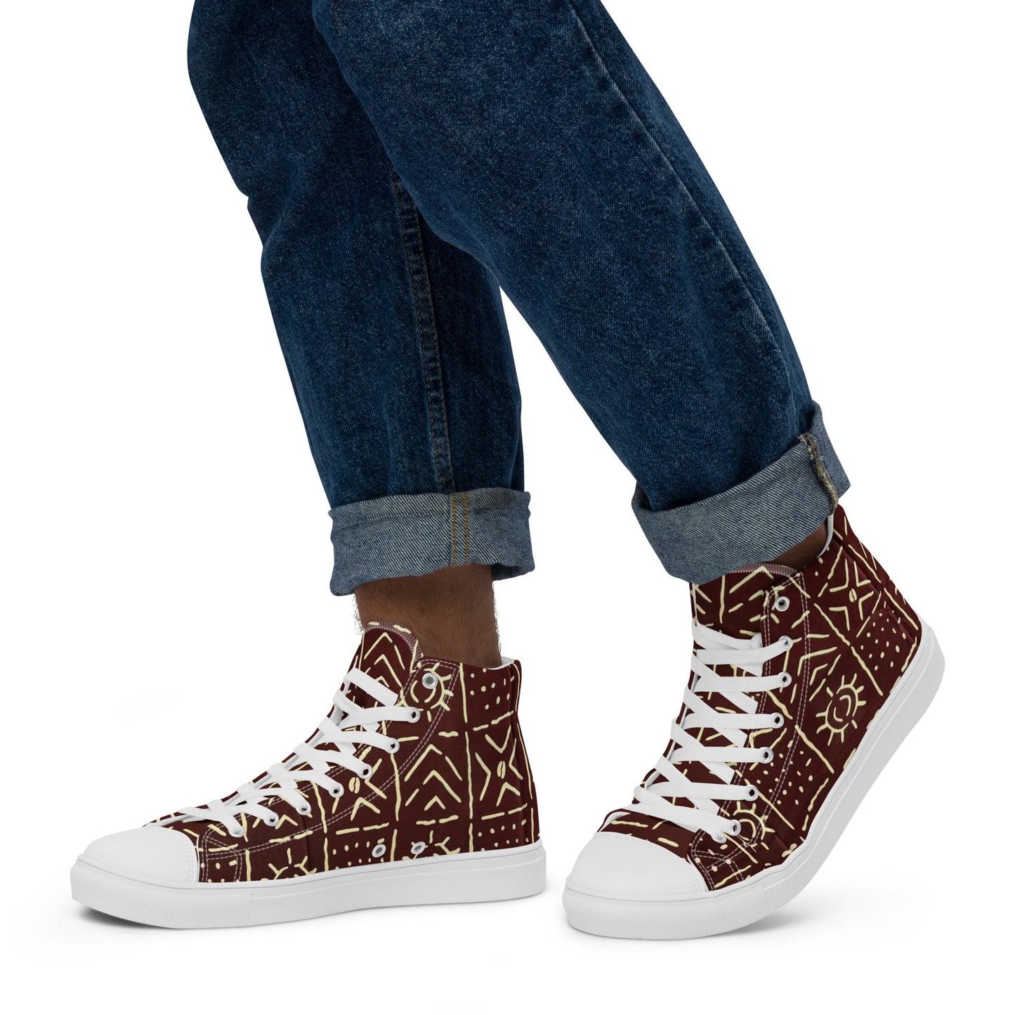 Brown African Print Men’s high top canvas shoes