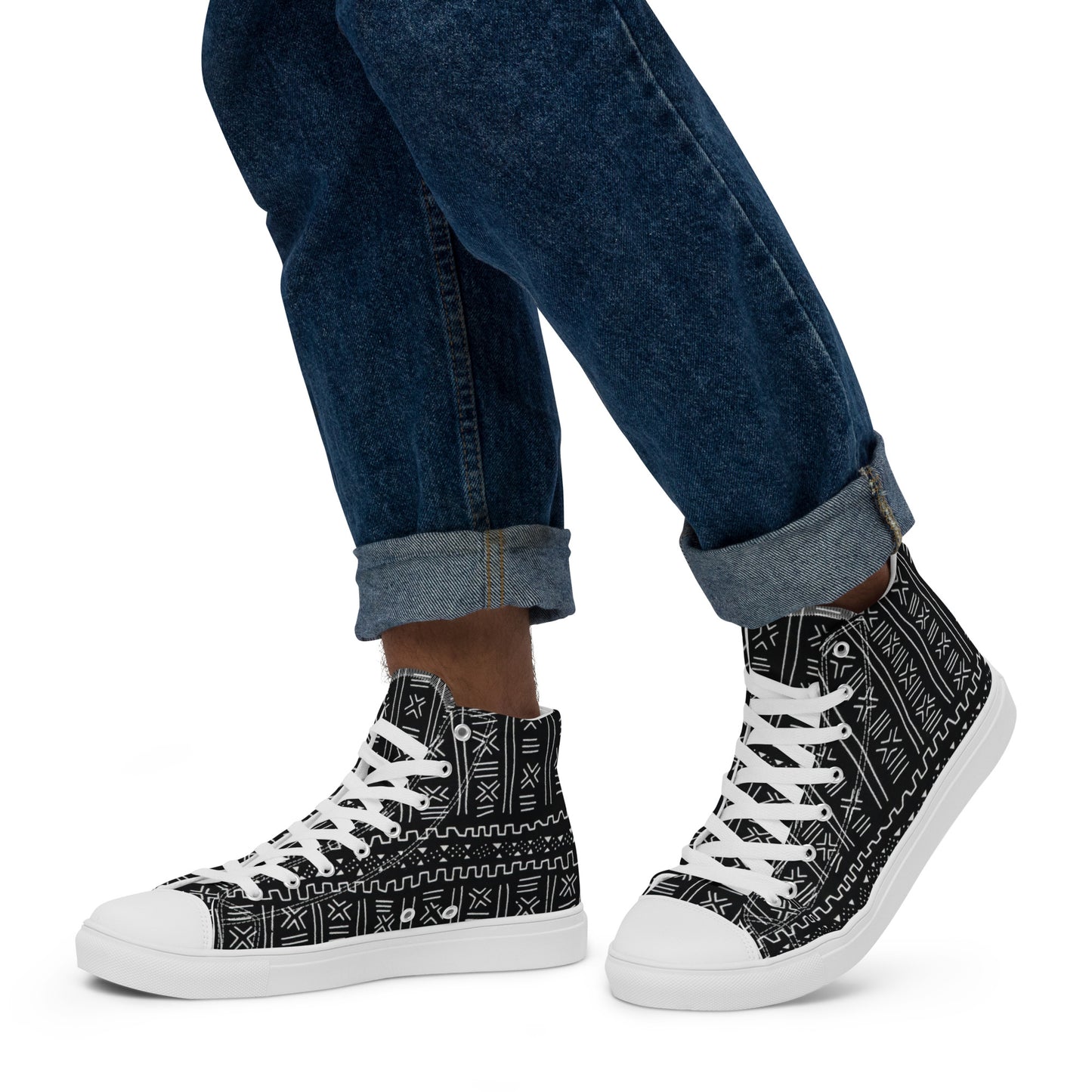 Black White Bogolan Men’s high top canvas shoes