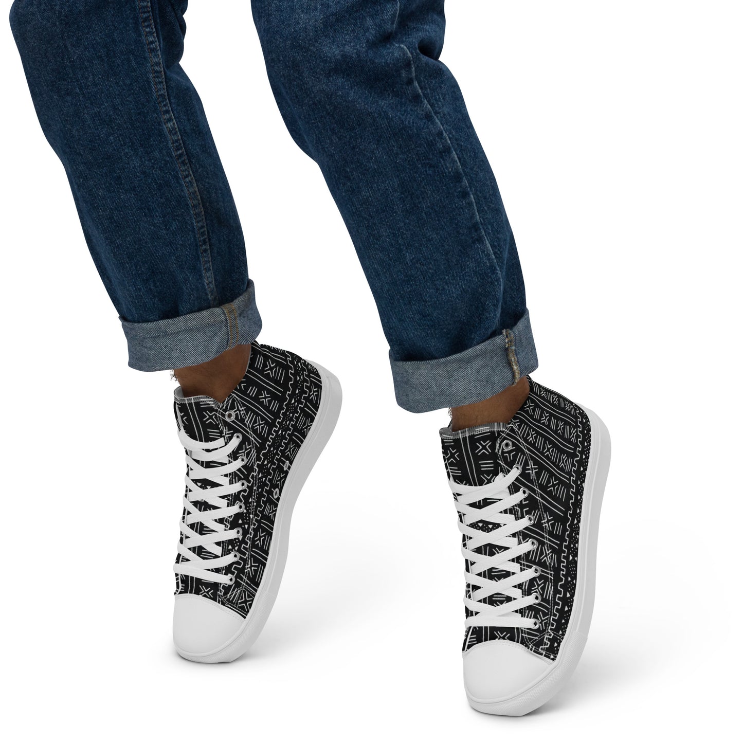 Black White Bogolan Men’s high top canvas shoes