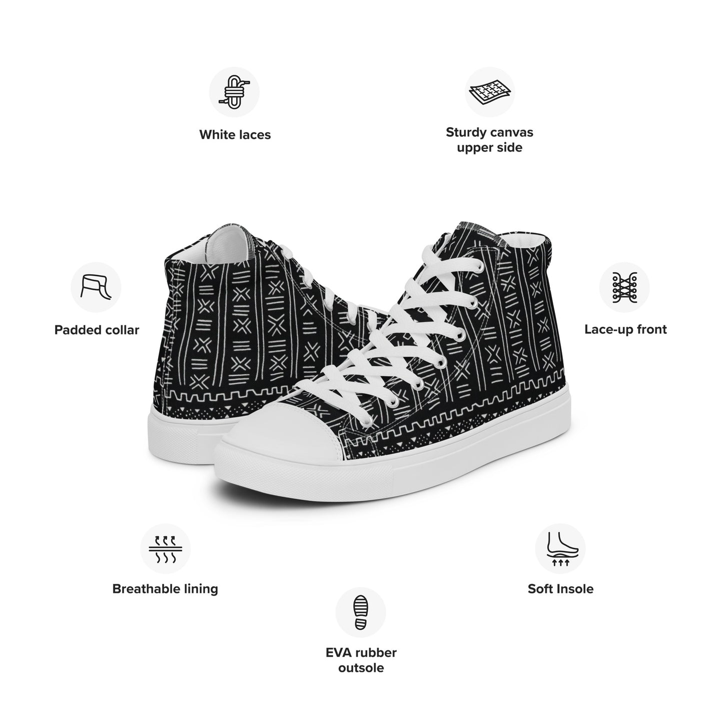 Black White Bogolan Men’s high top canvas shoes