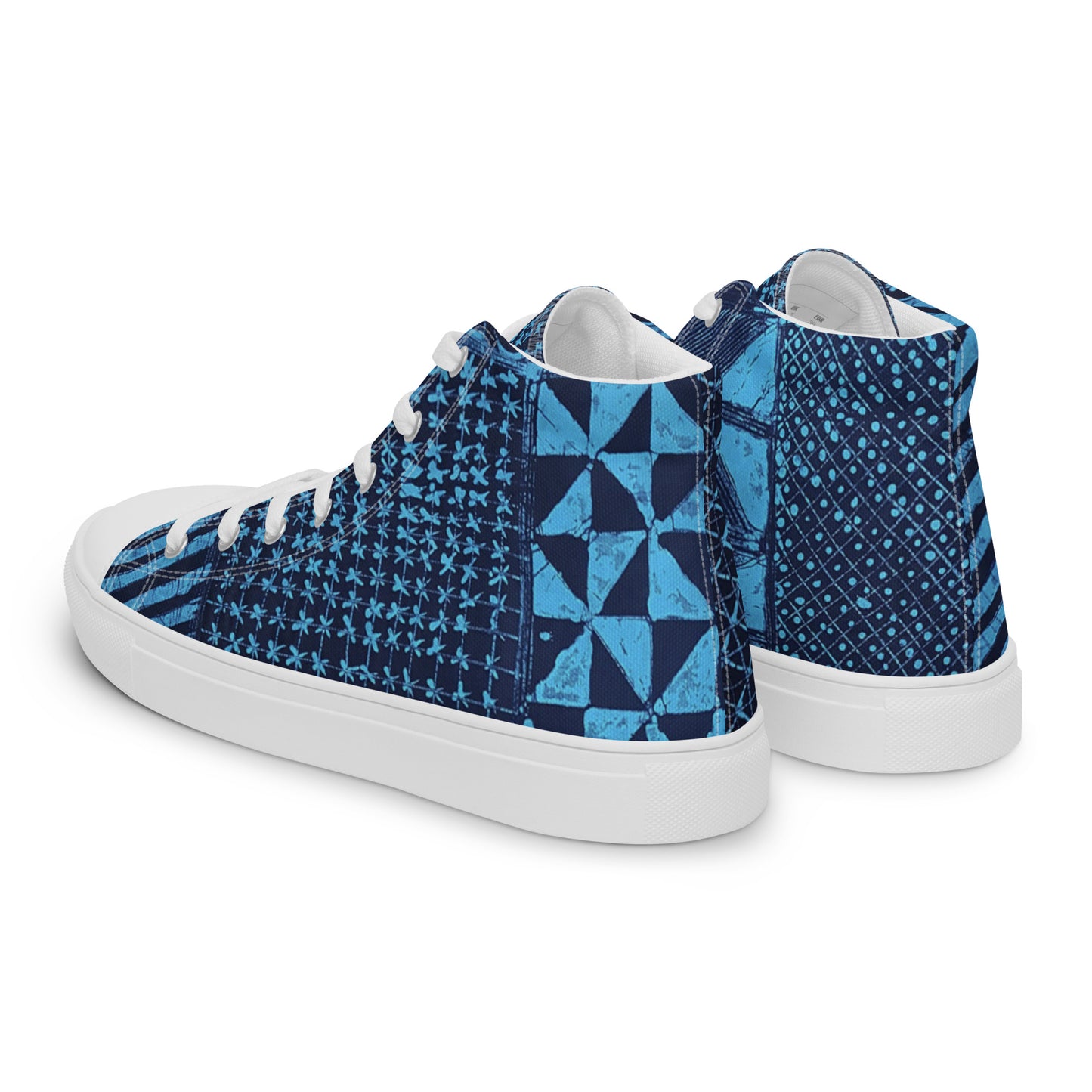 Black And Turquoise Shapes Adire Men’s High Top Canvas Shoes