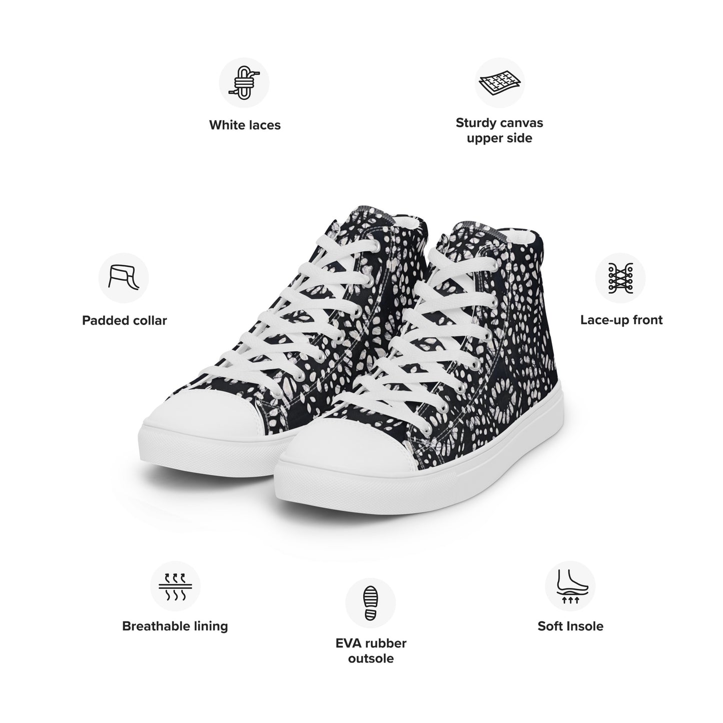 Black & White Abstract Aztec Adire Men’s high top canvas shoes