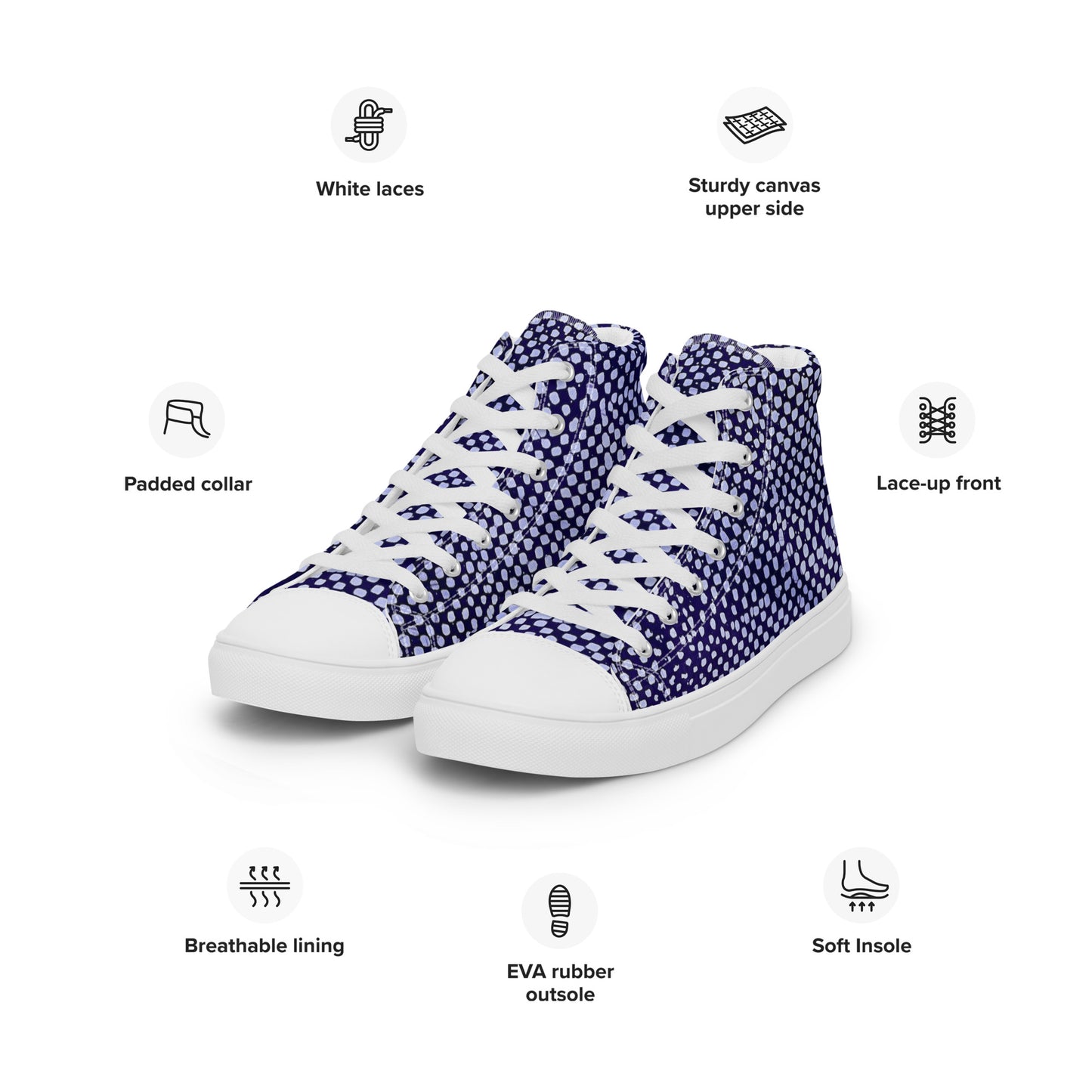 Purple & White Polka Dots Adire Men’s high top canvas shoes