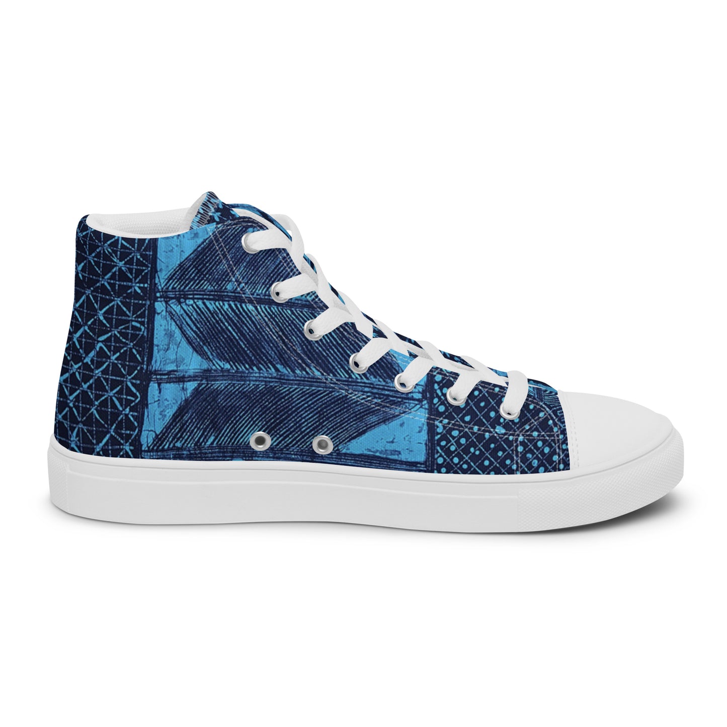 Black And Turquoise Shapes Adire Men’s High Top Canvas Shoes