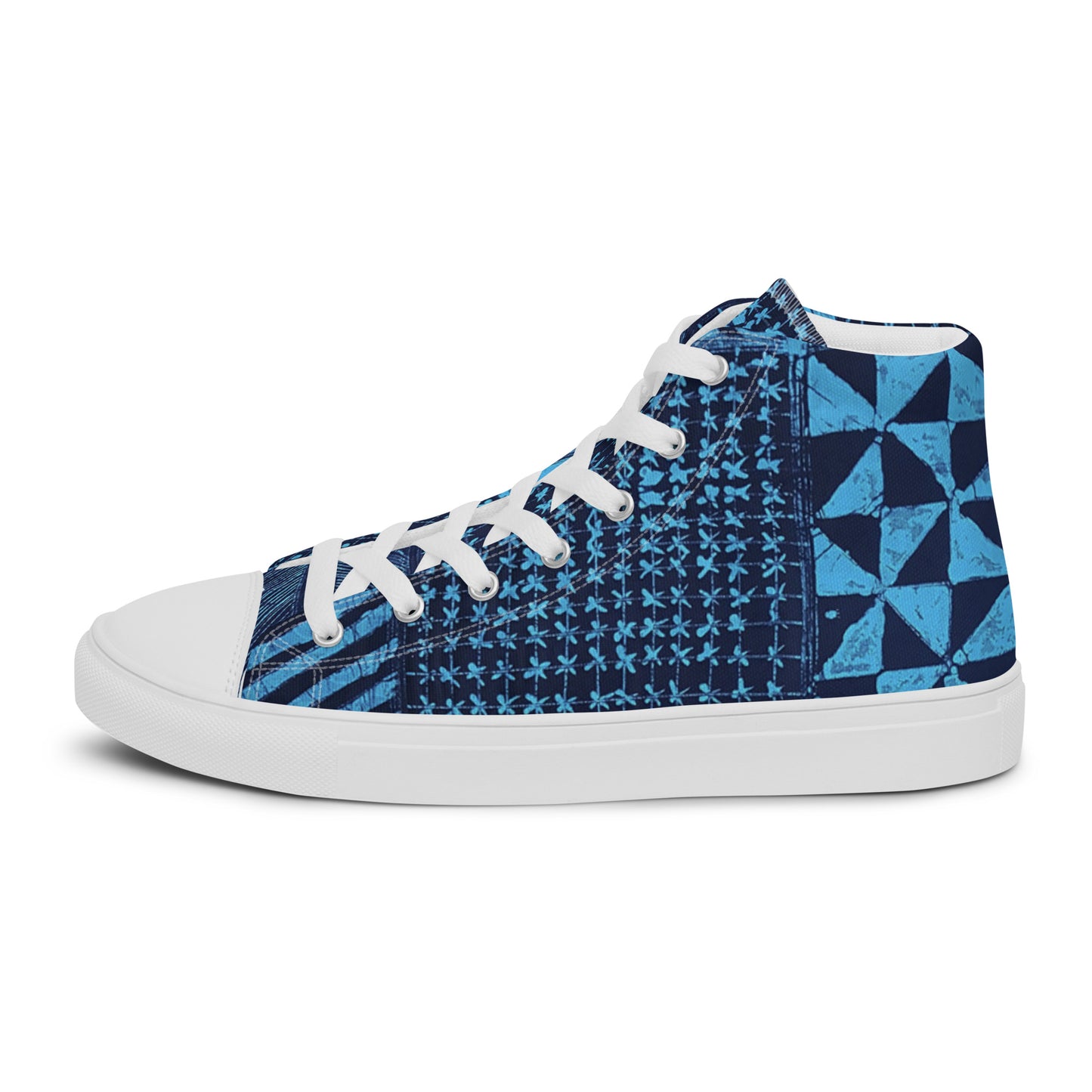 Black And Turquoise Shapes Adire Men’s High Top Canvas Shoes