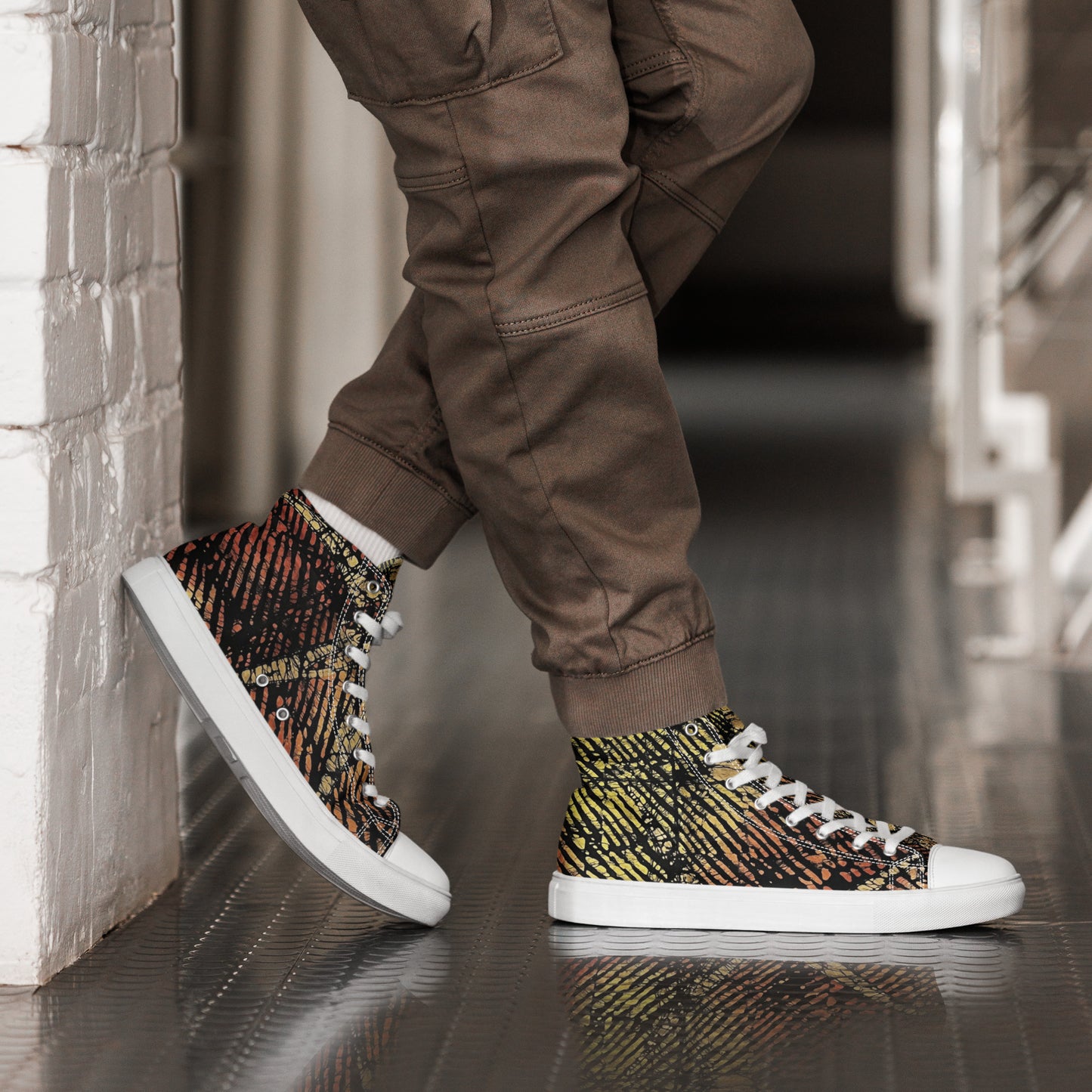 Yellow Orange Aztec Ankara Men’s high top canvas shoes