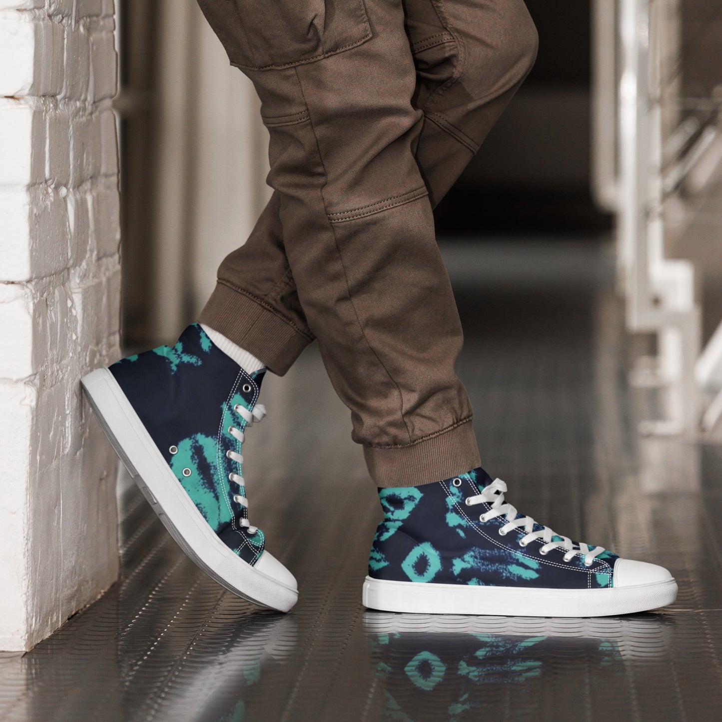 Turquoise Adire Ankara Men’s high top canvas shoes