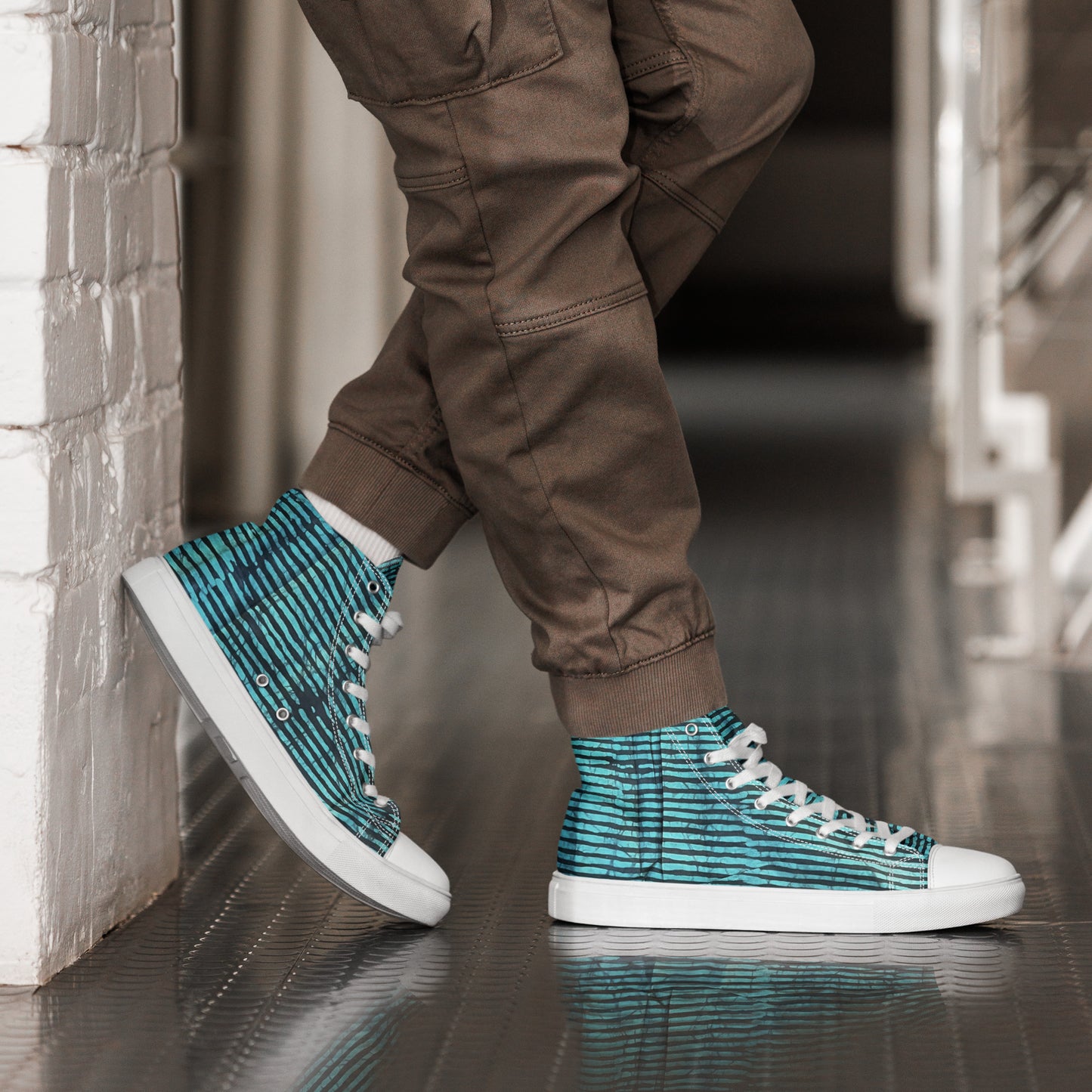 Aqua Black Stripes Adire Men’s high top canvas shoes