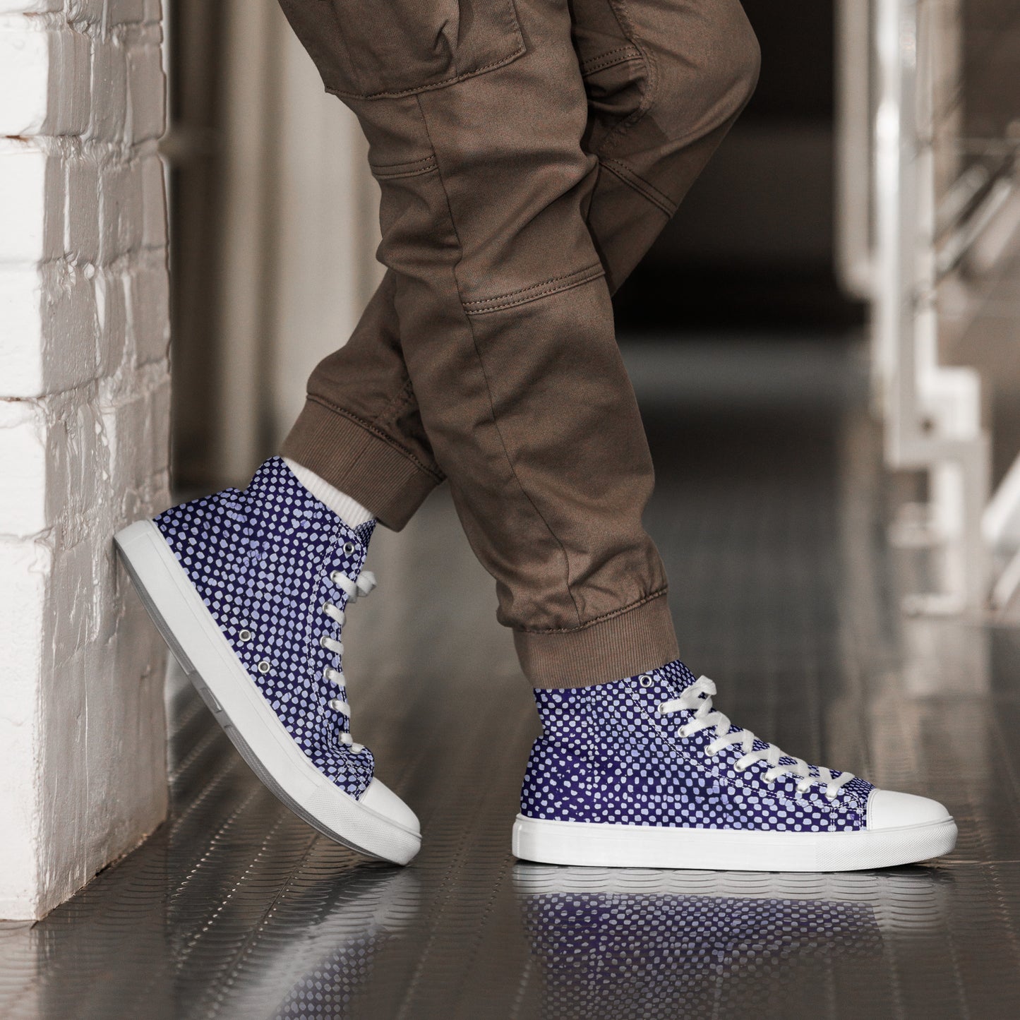 Purple & White Polka Dots Adire Men’s high top canvas shoes