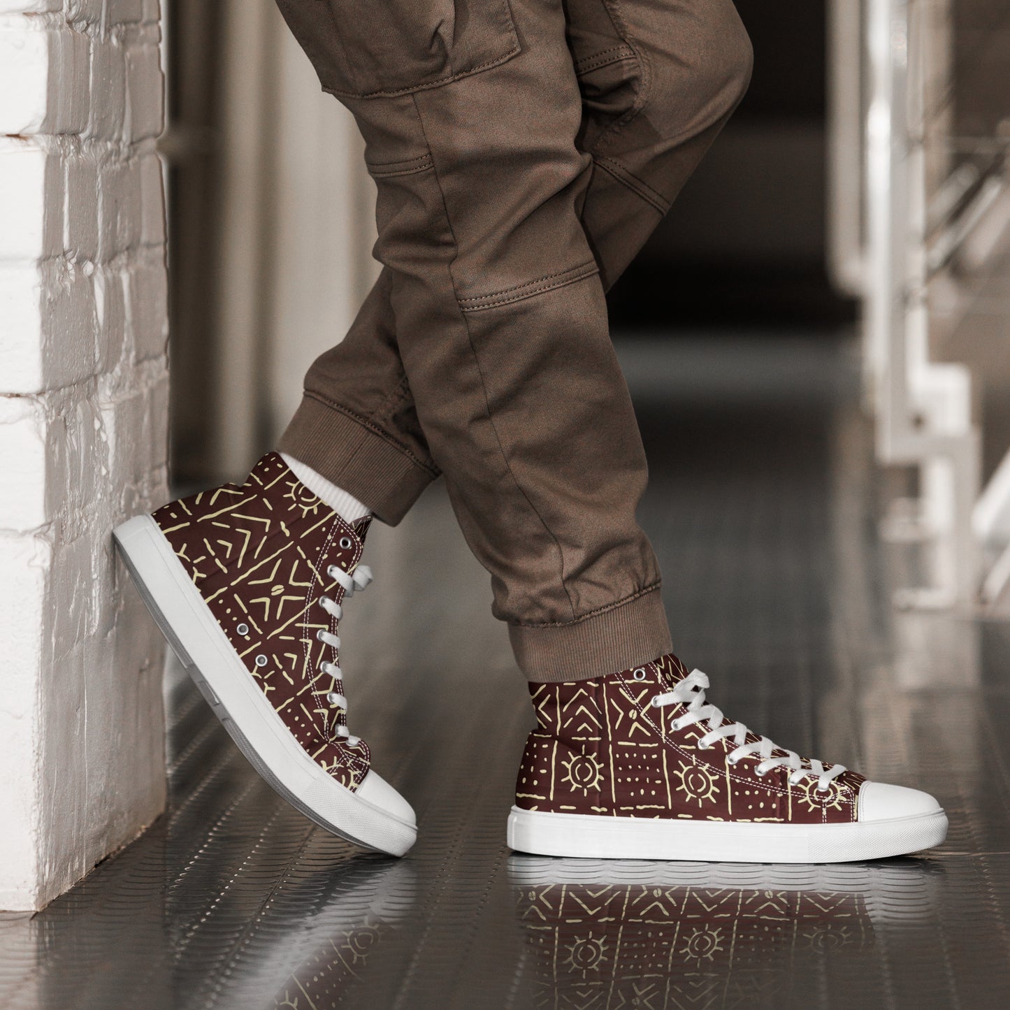 Brown African Print Men’s high top canvas shoes