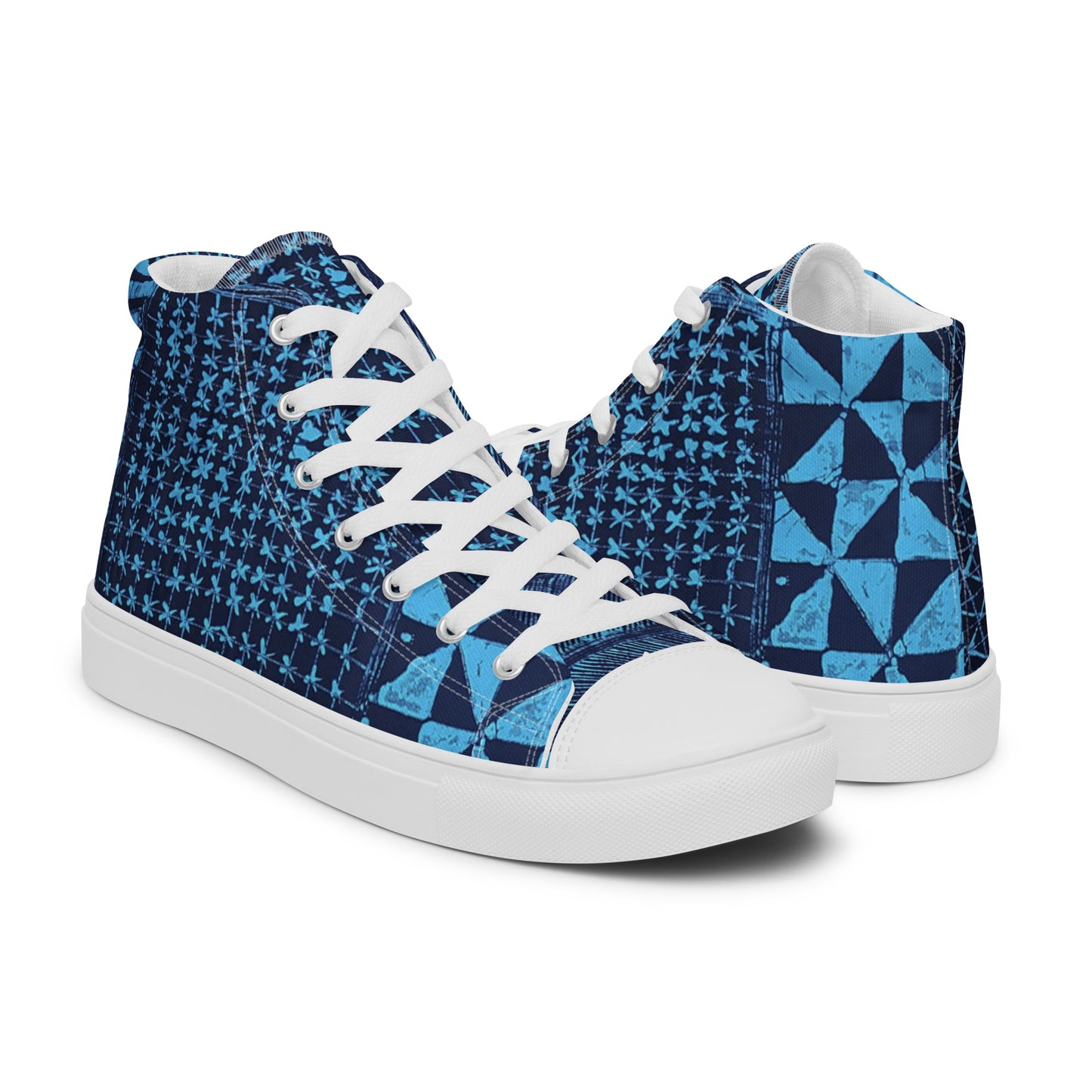 Black And Turquoise Shapes Adire Men’s High Top Canvas Shoes