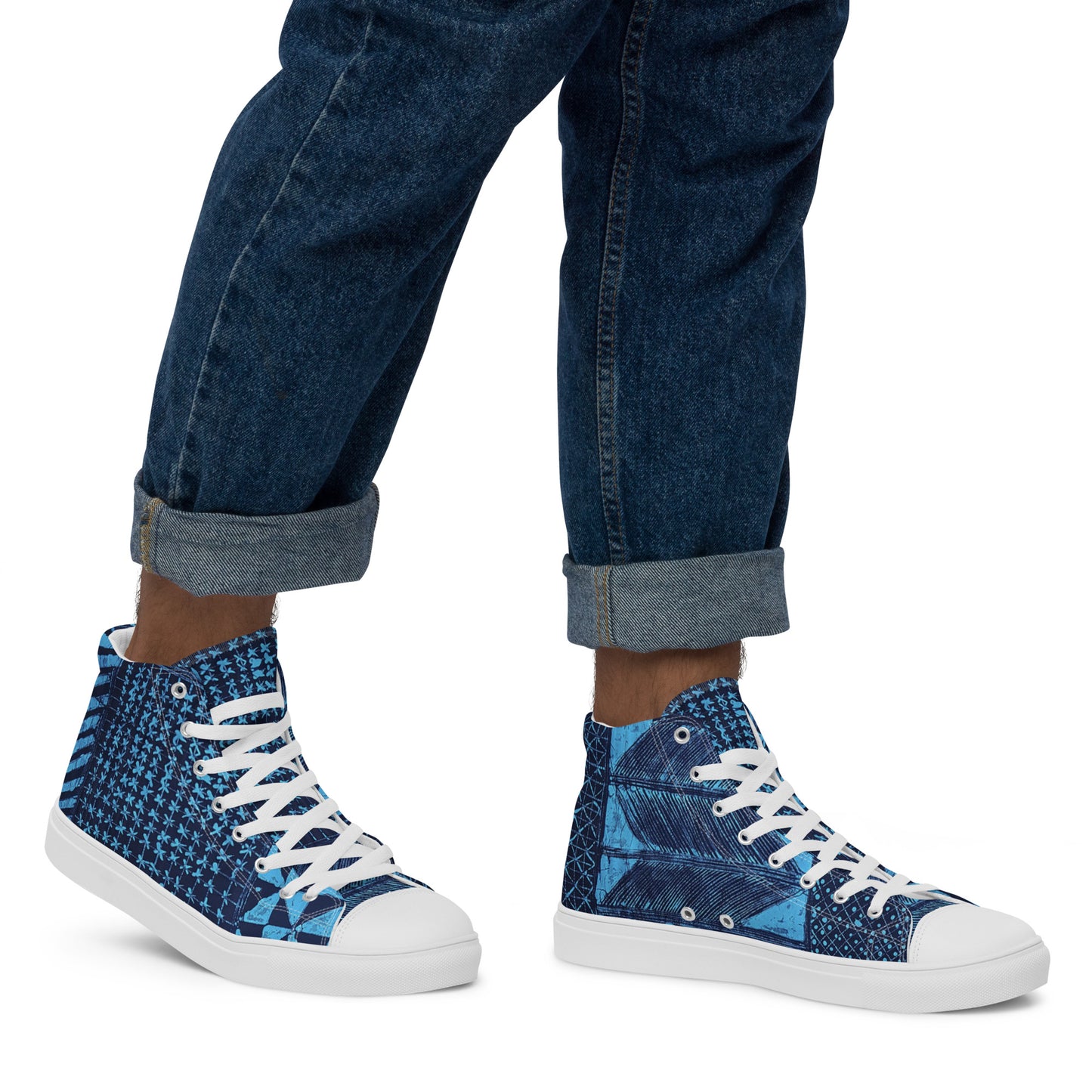 Black And Turquoise Shapes Adire Men’s High Top Canvas Shoes