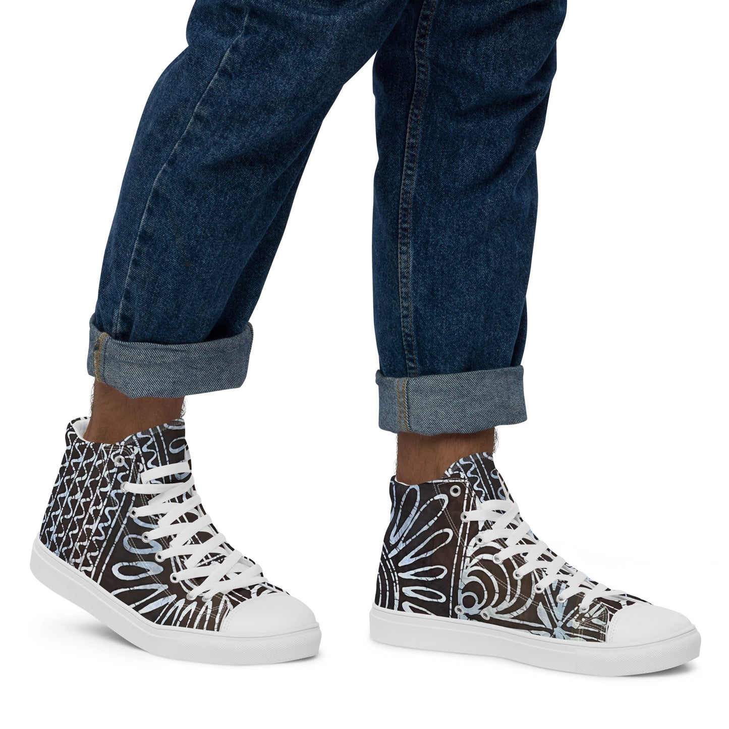 Abstract Cyan Blue Adire Men’s high top canvas shoes