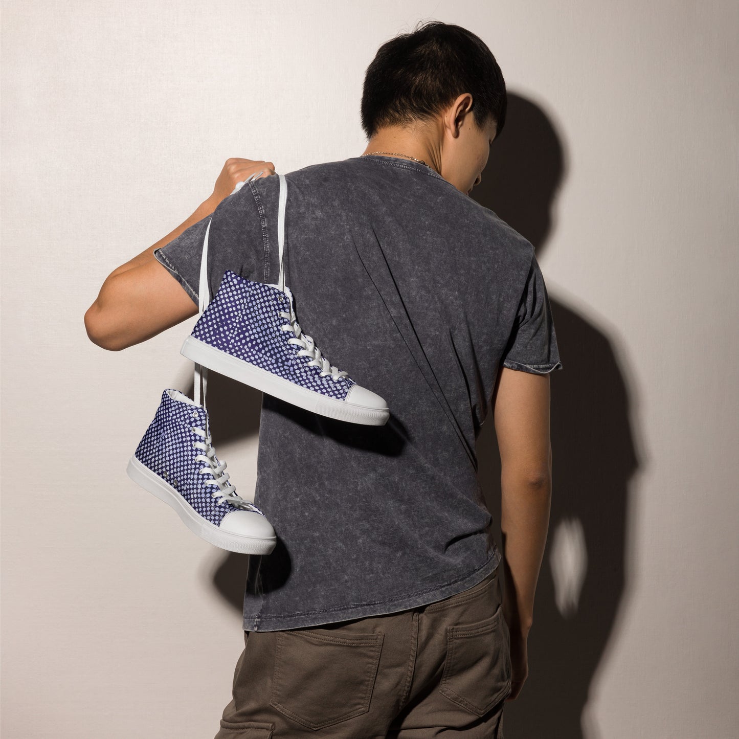 Purple & White Polka Dots Adire Men’s high top canvas shoes