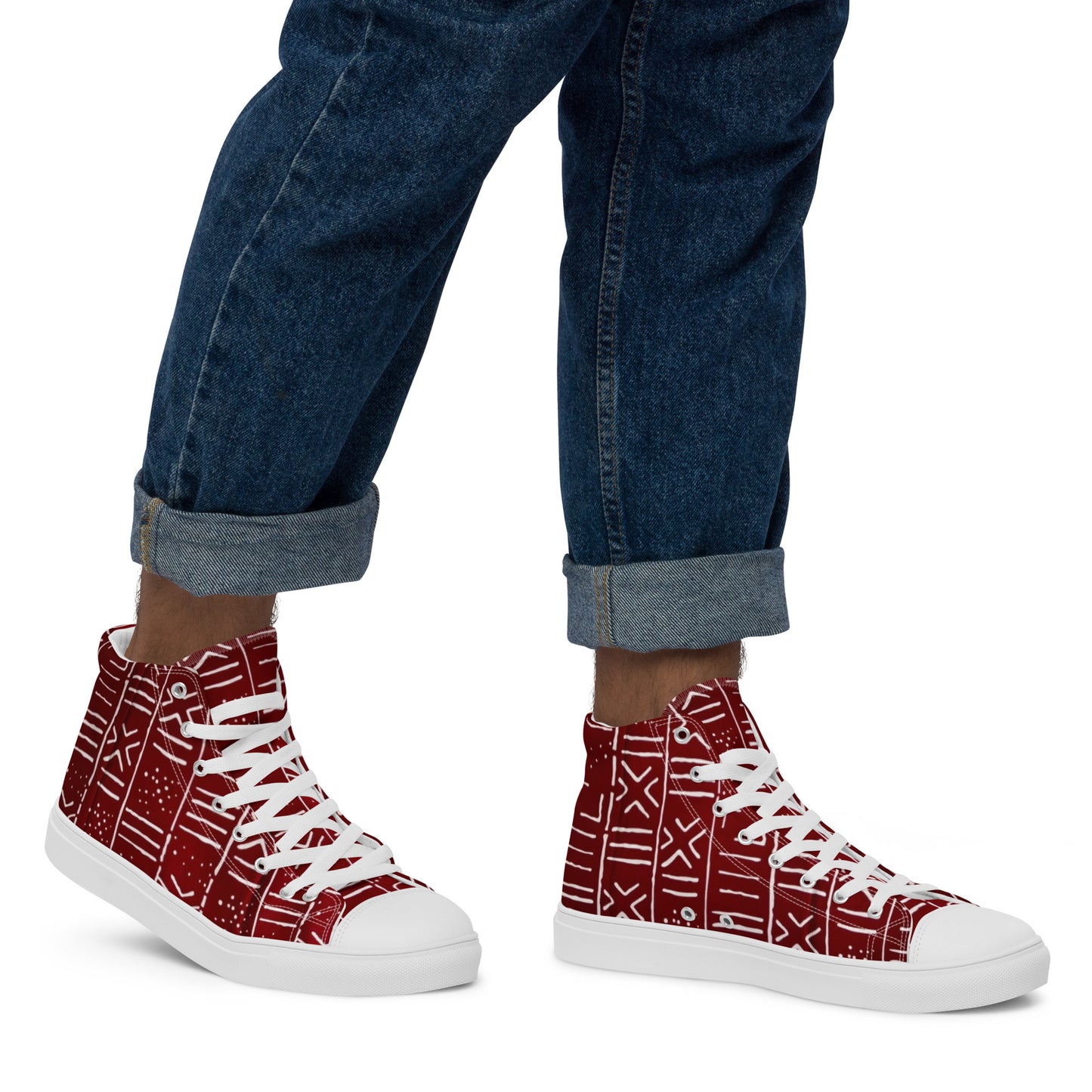 Red White African Print Men’s high top canvas shoes