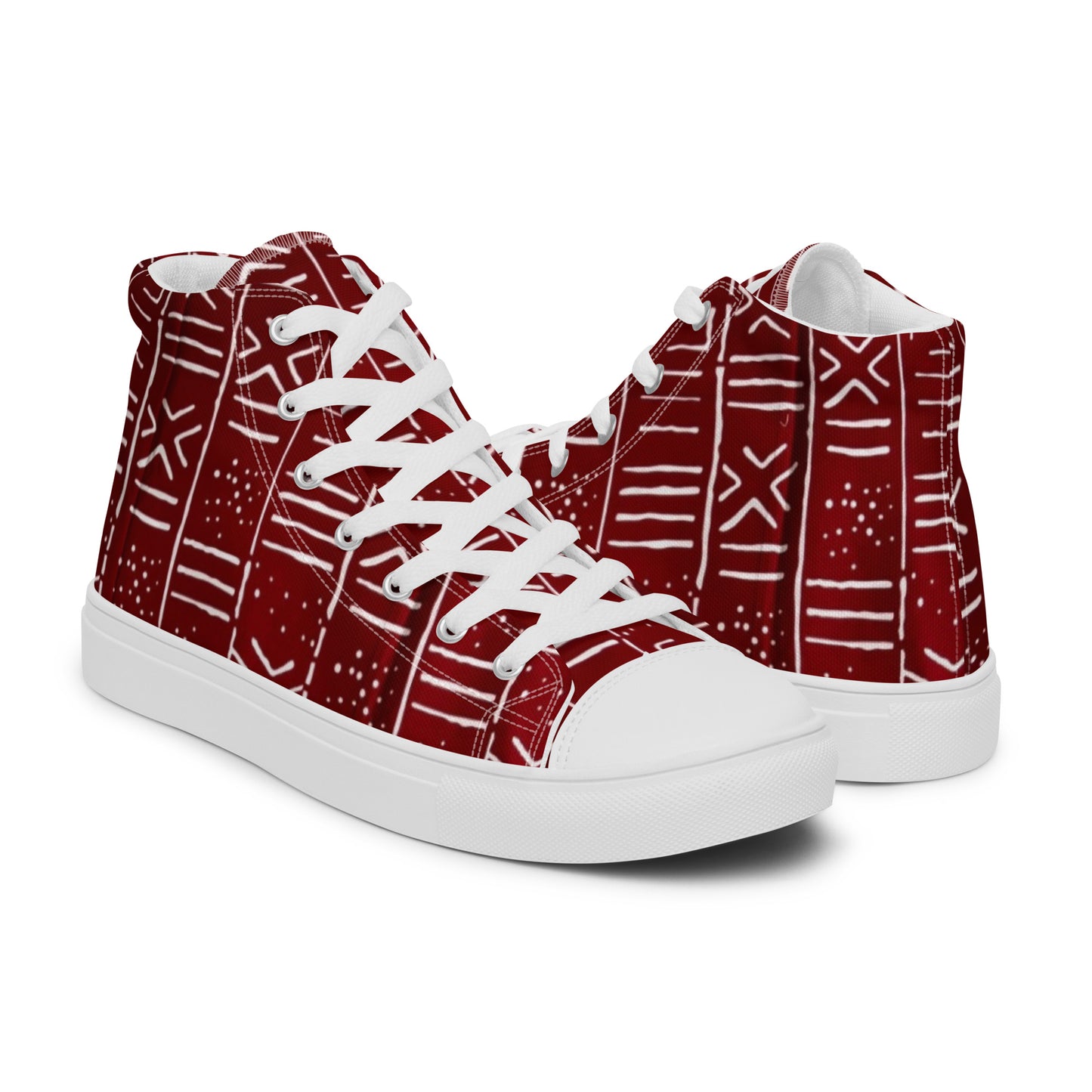 Red White African Print Men’s high top canvas shoes