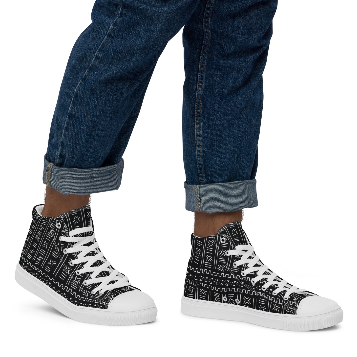 Black White Bogolan Men’s high top canvas shoes