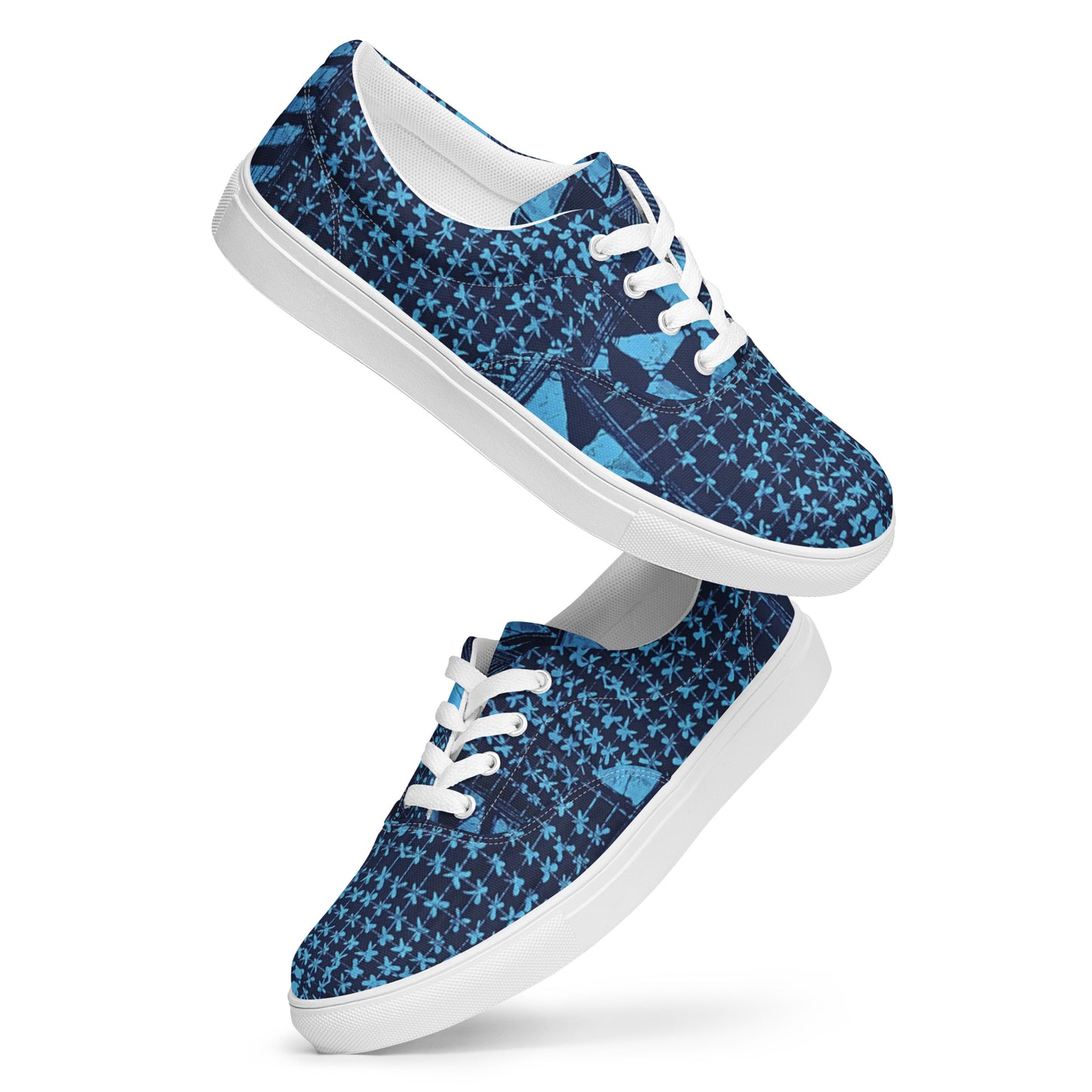 Black And Turquoise Shapes Adire Men’s Lace-Up Canvas Shoes