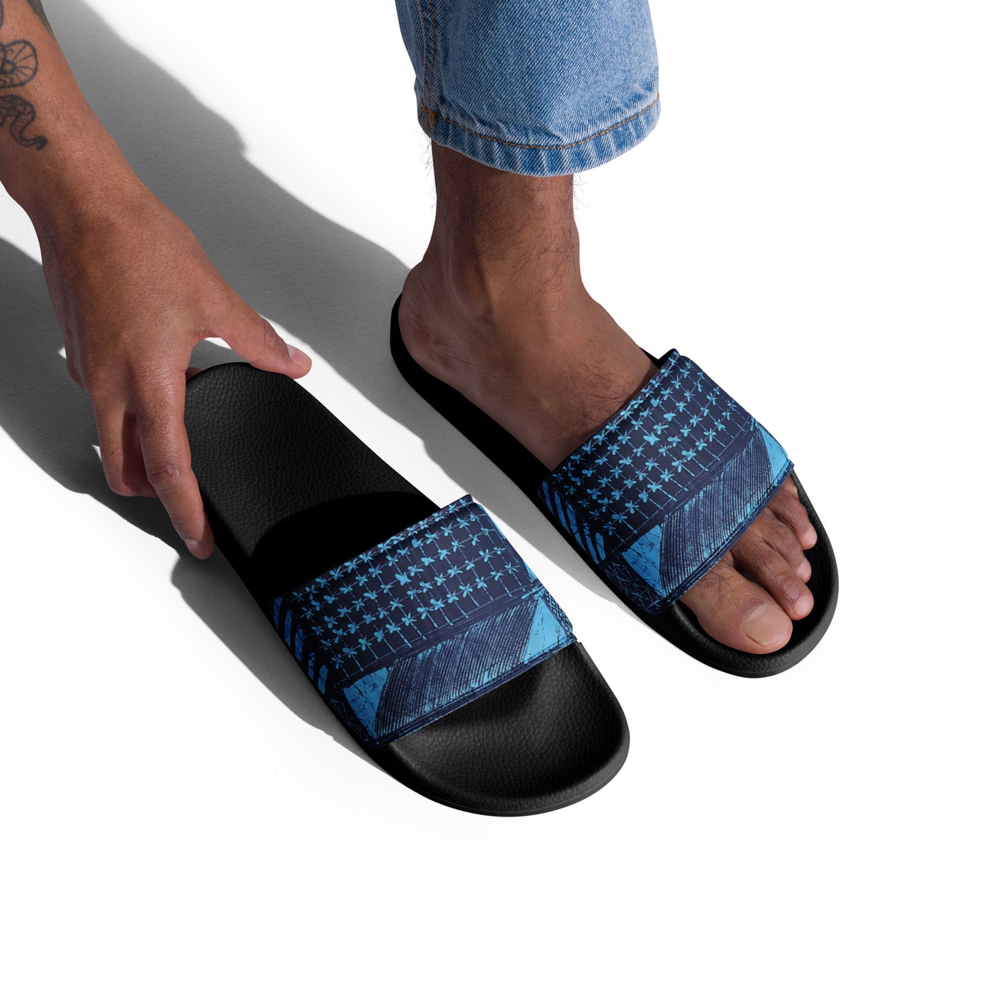 Black And Turquoise Shapes Adire Men’s Slides