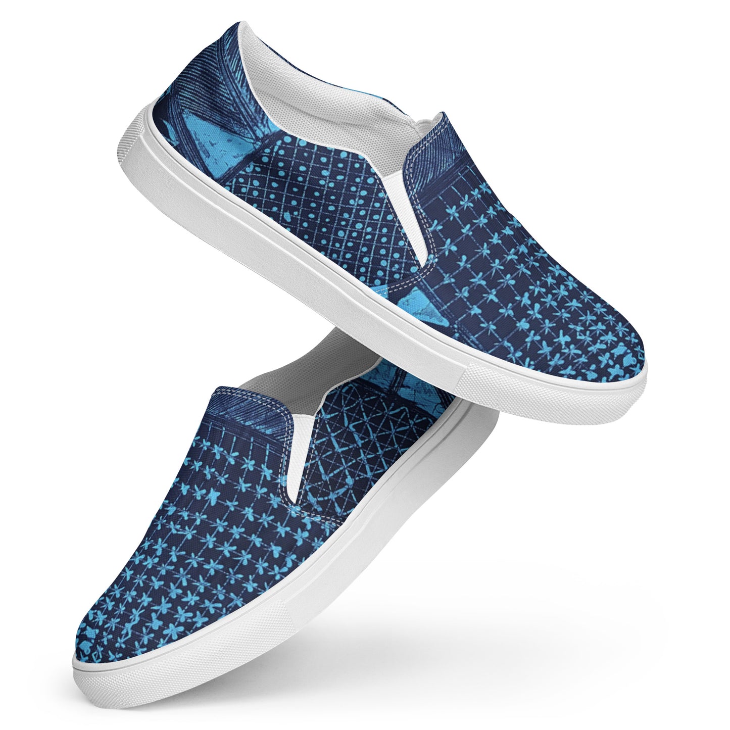 Black And Turquoise Shapes Adire Men’s Slip-On Canvas Shoes