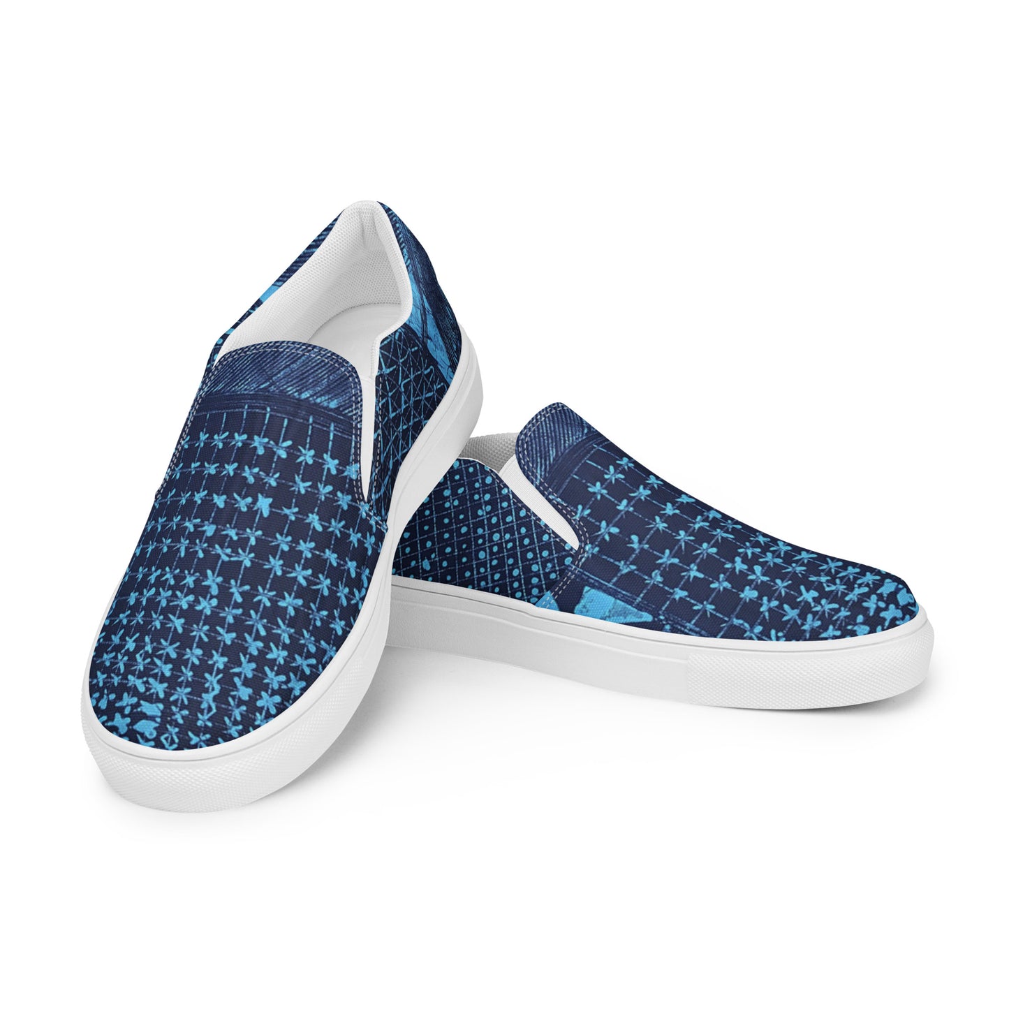 Black And Turquoise Shapes Adire Men’s Slip-On Canvas Shoes