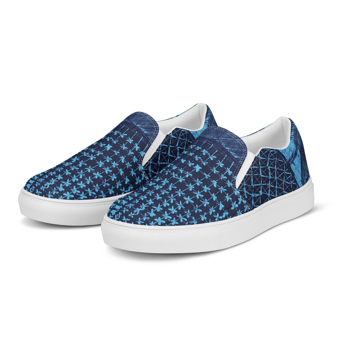 Black And Turquoise Shapes Adire Men’s Slip-On Canvas Shoes