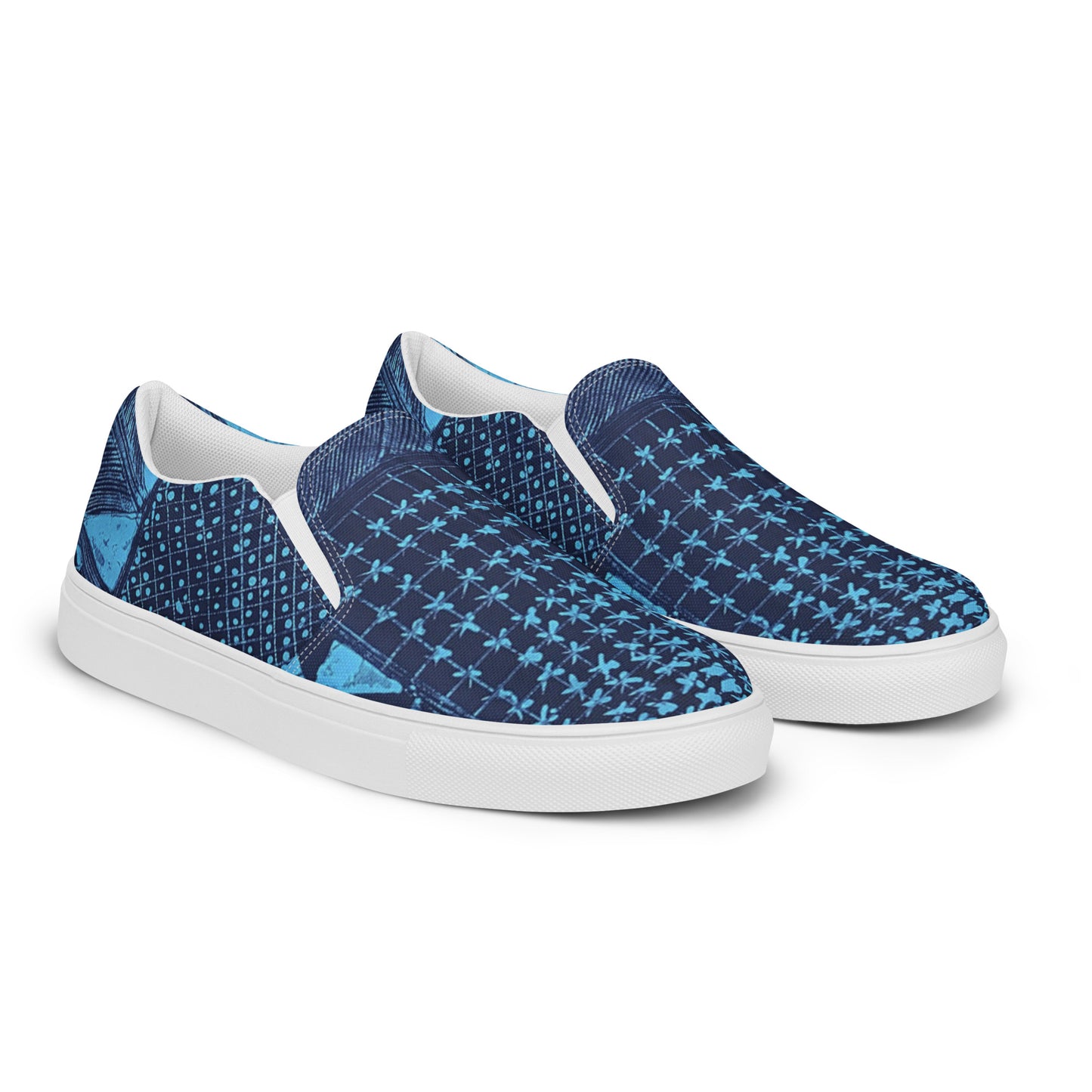 Black And Turquoise Shapes Adire Men’s Slip-On Canvas Shoes