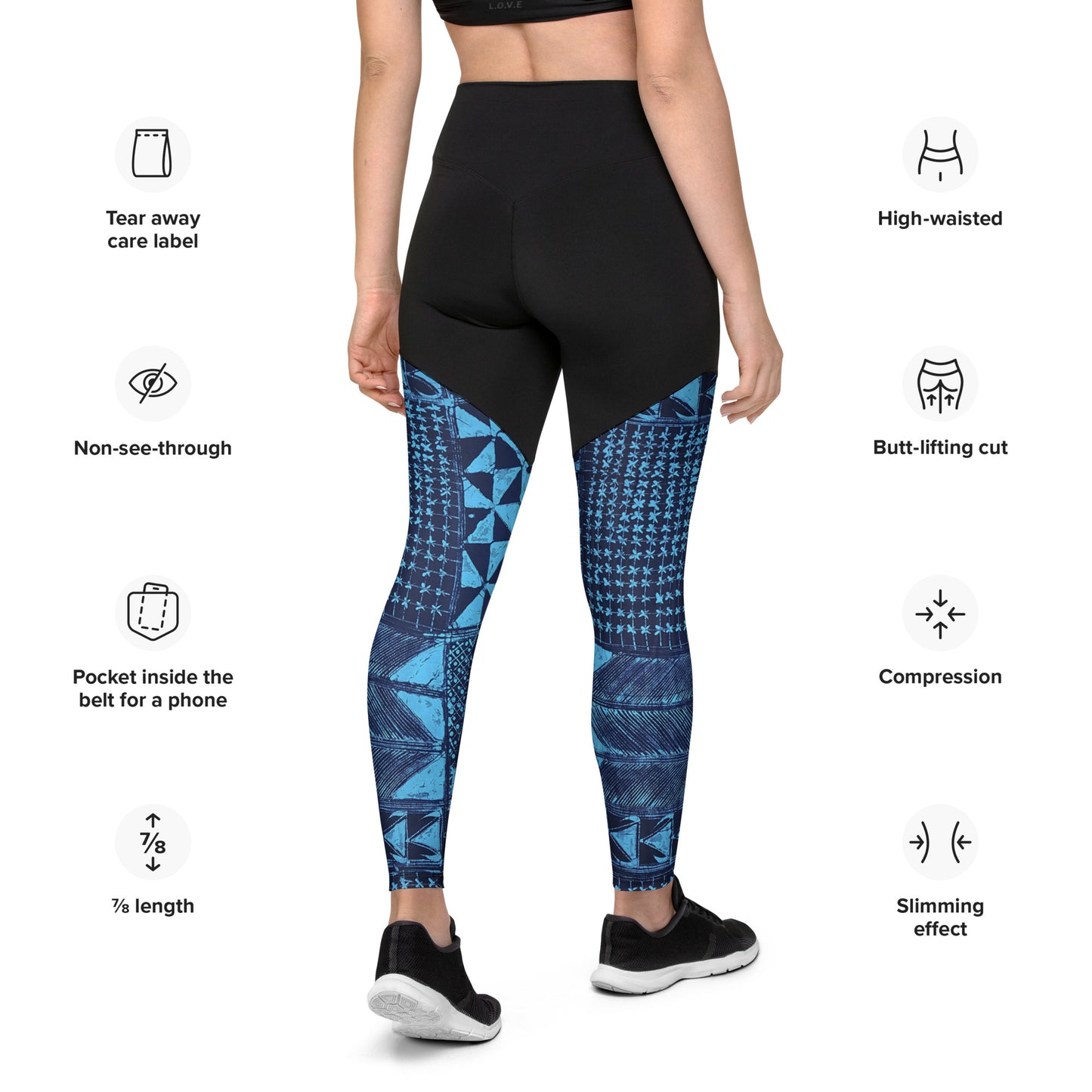 Black And Turquoise Shapes Adire Sports Leggings