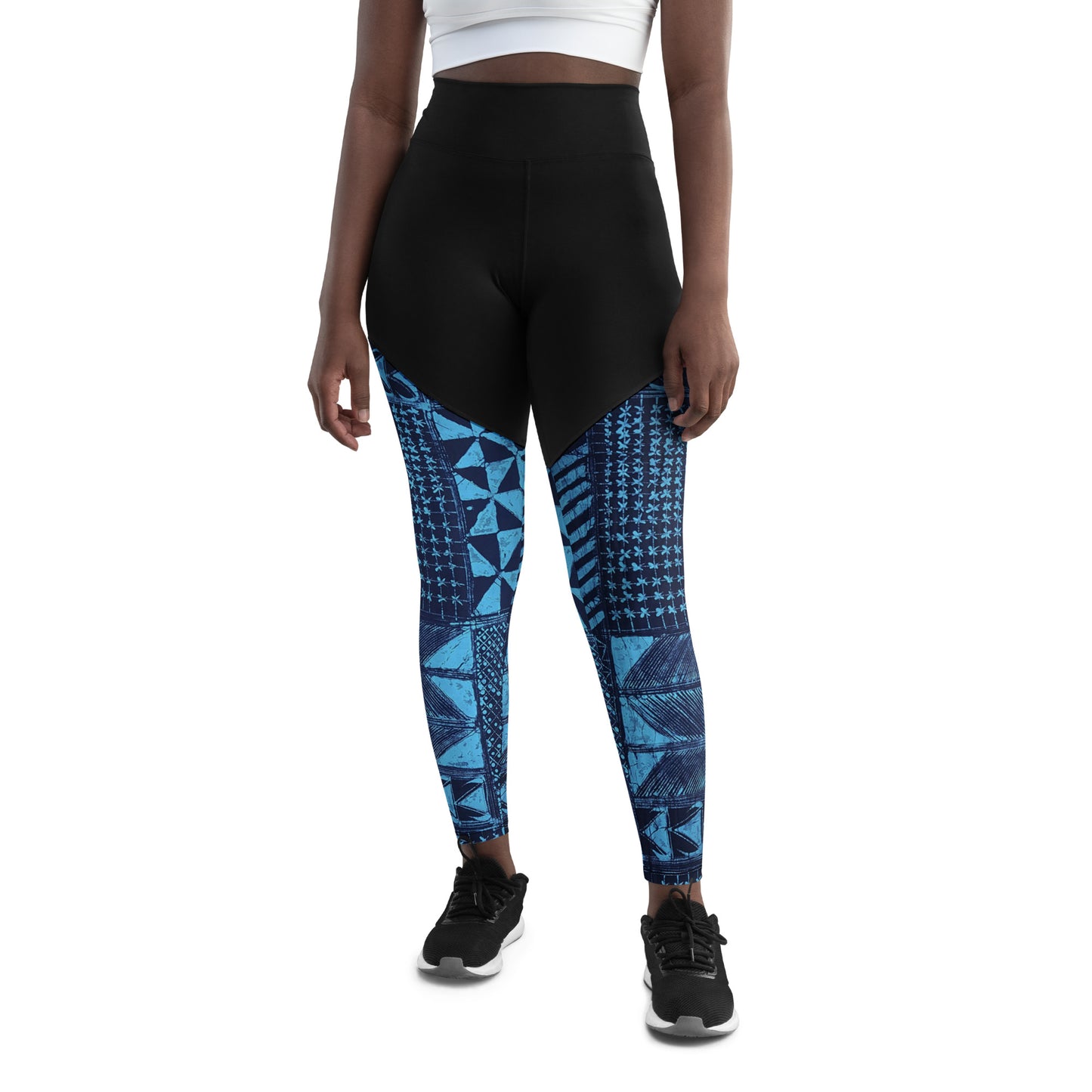 Black And Turquoise Shapes Adire Sports Leggings