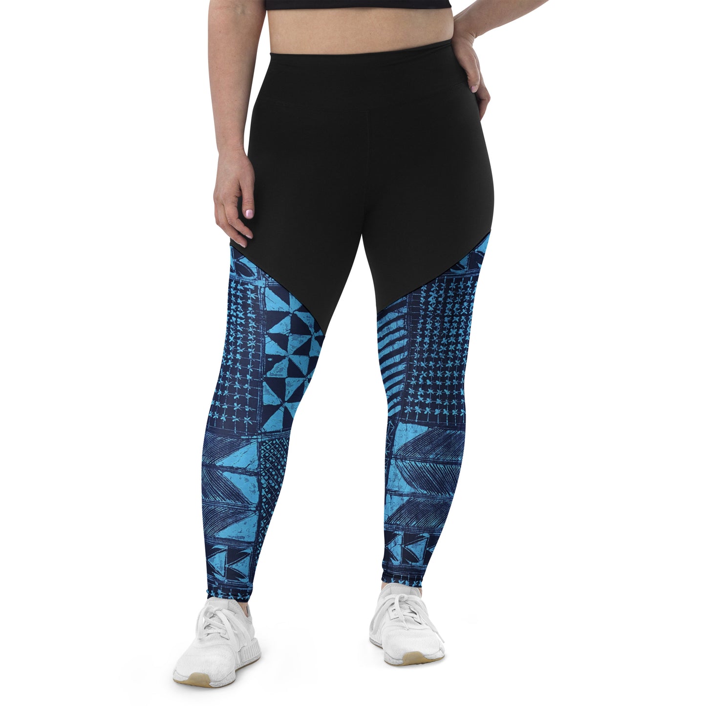 Black And Turquoise Shapes Adire Sports Leggings