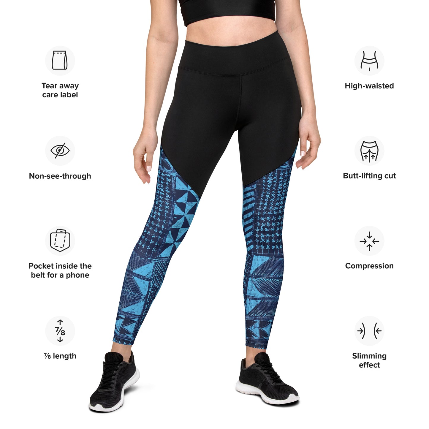 Black And Turquoise Shapes Adire Sports Leggings