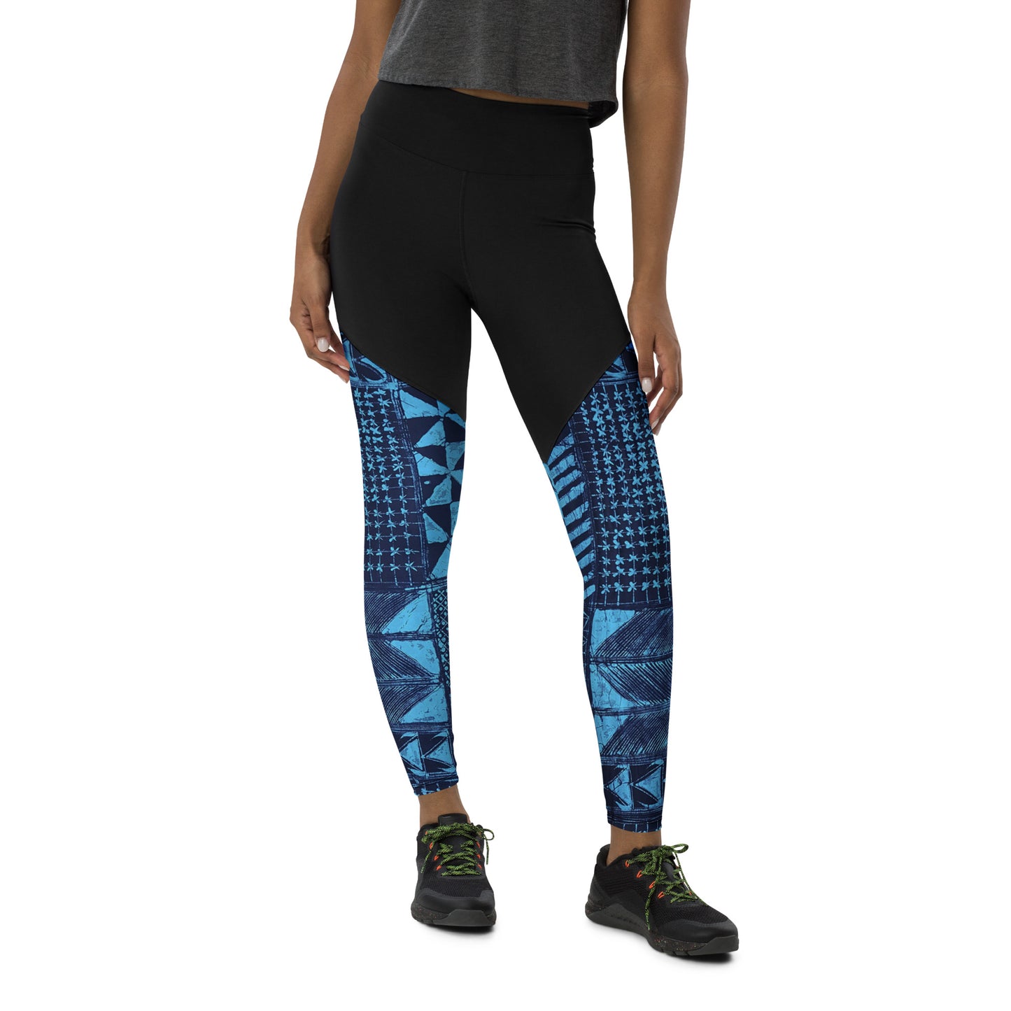 Black And Turquoise Shapes Adire Sports Leggings