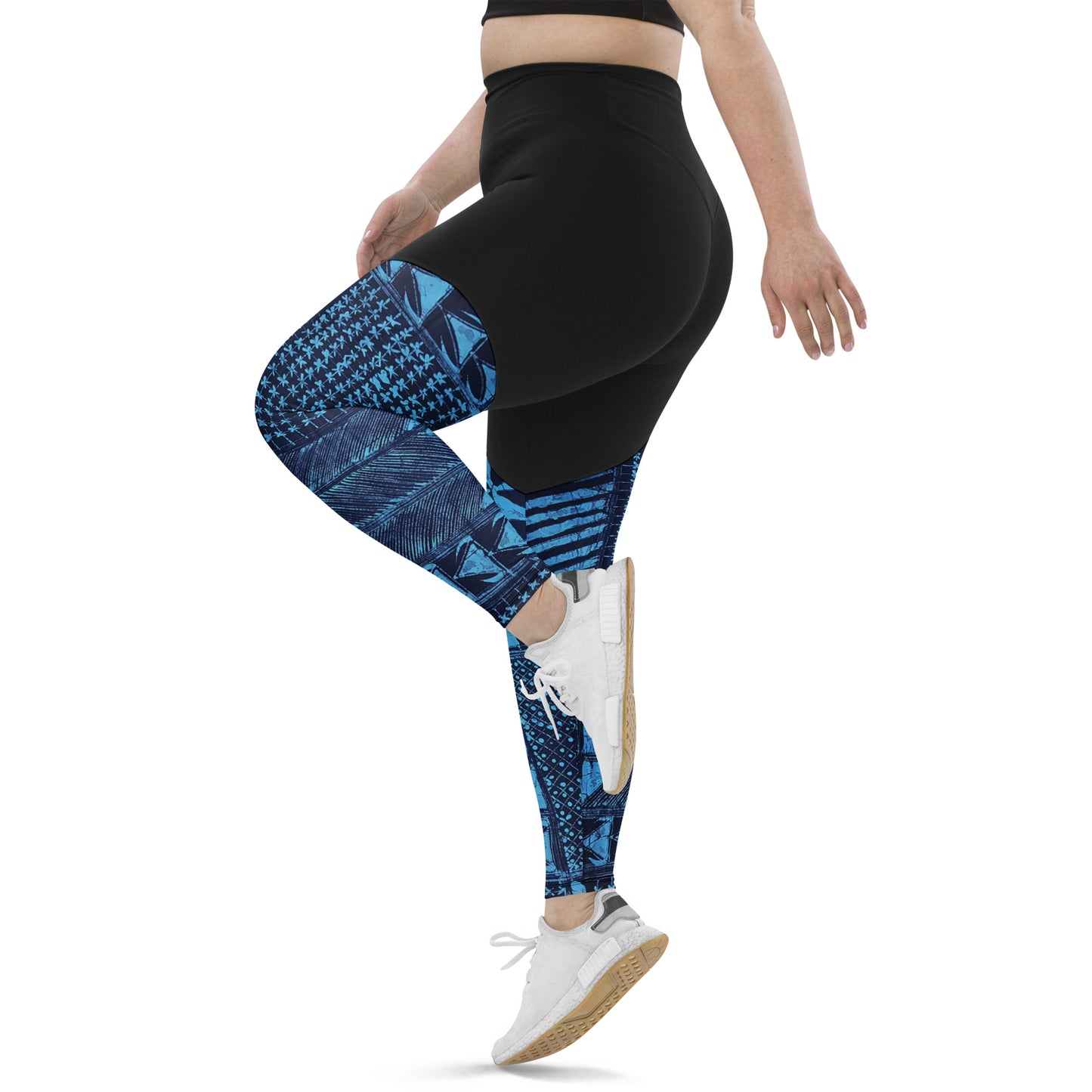 Black And Turquoise Shapes Adire Sports Leggings