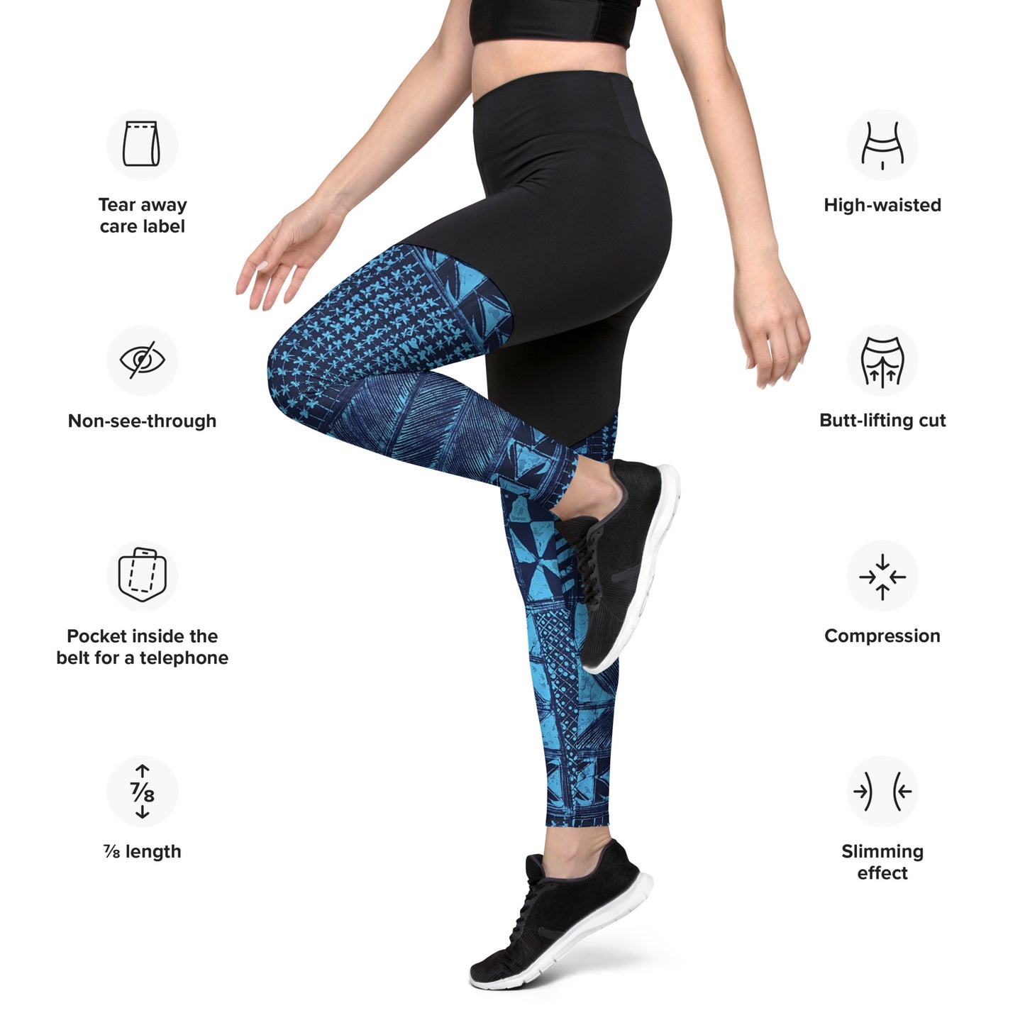 Black And Turquoise Shapes Adire Sports Leggings