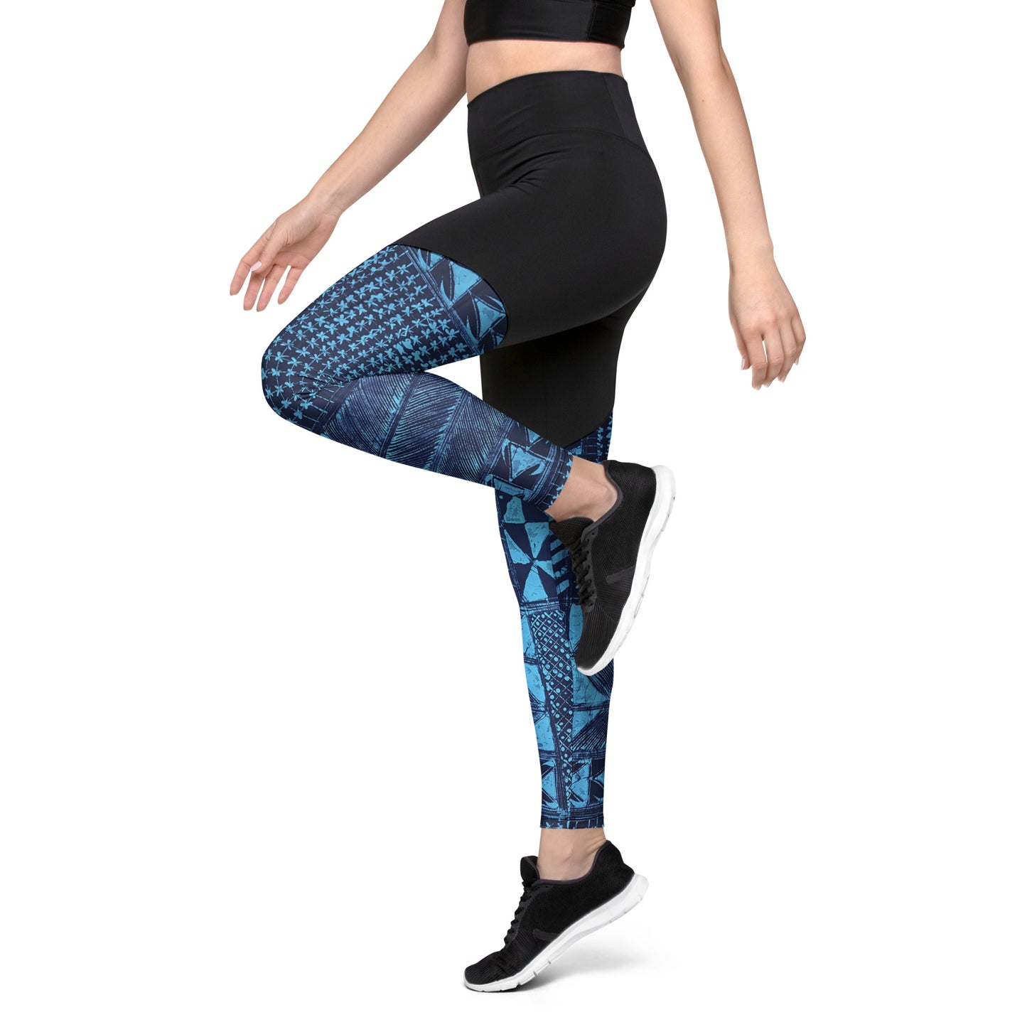 Black And Turquoise Shapes Adire Sports Leggings