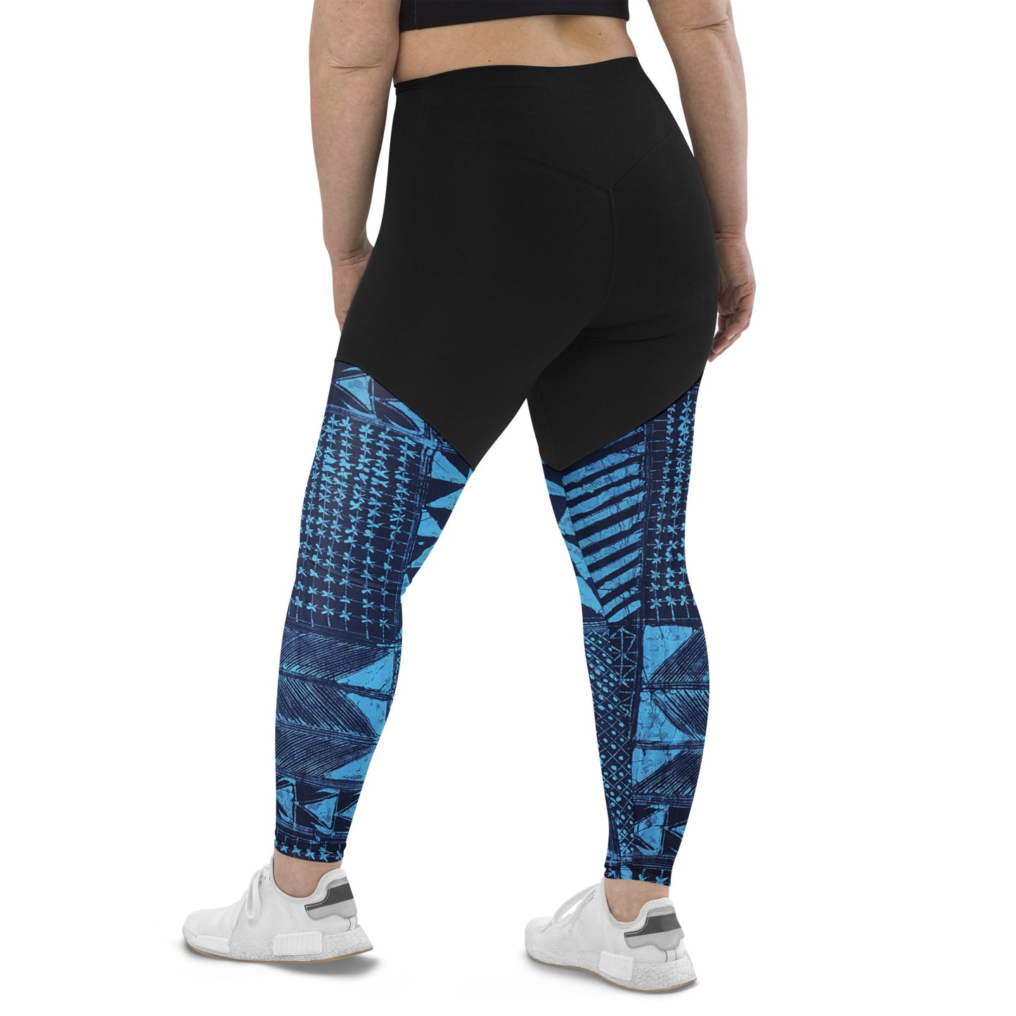 Black And Turquoise Shapes Adire Sports Leggings