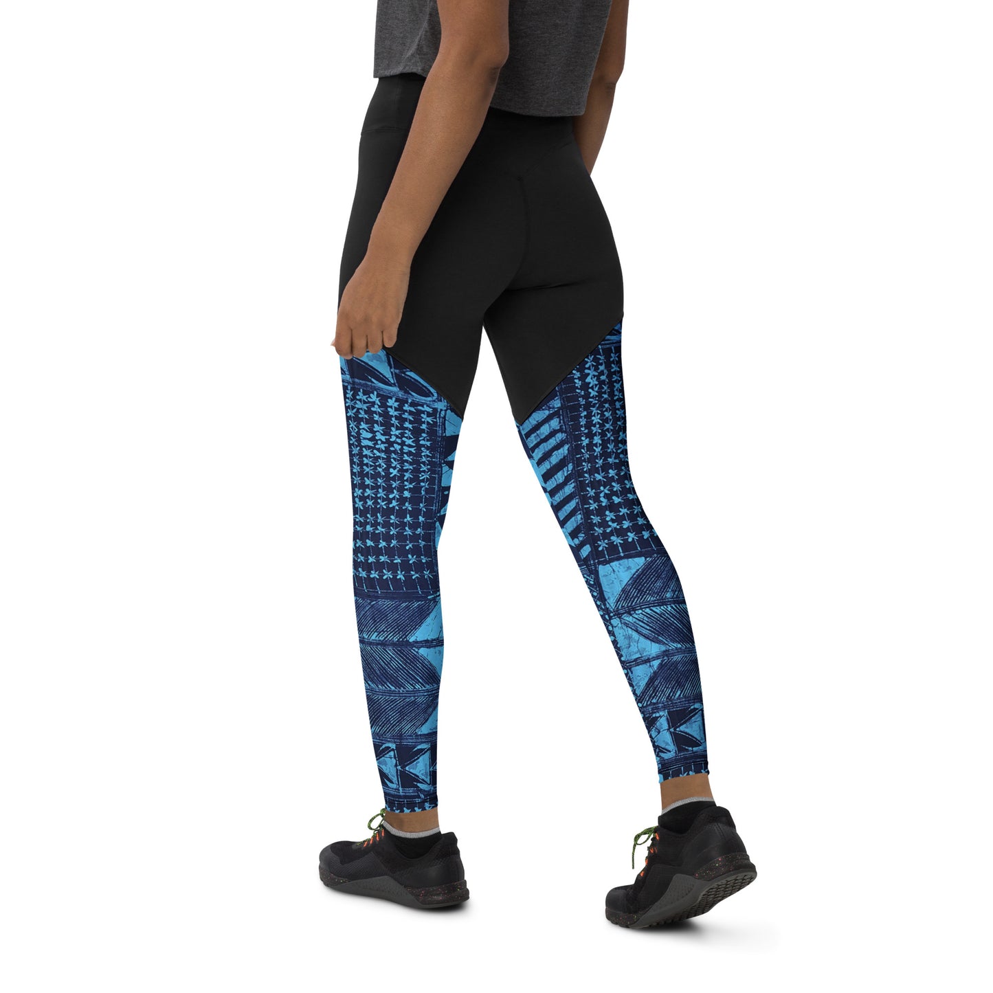 Black And Turquoise Shapes Adire Sports Leggings